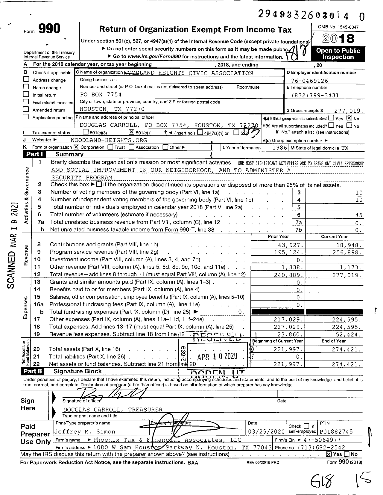 Image of first page of 2018 Form 990 for Woodland Heights Civic Association