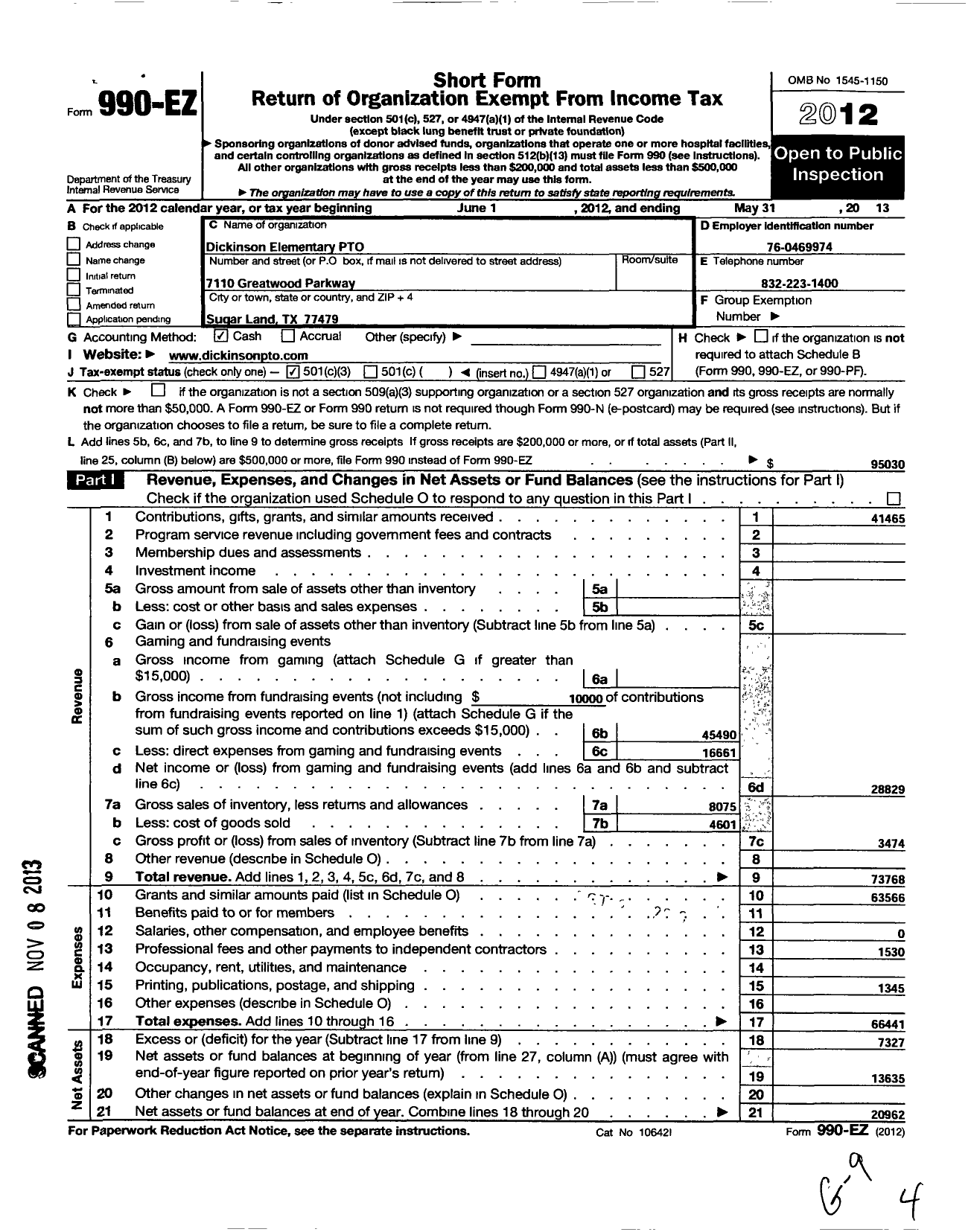 Image of first page of 2012 Form 990EZ for Dickinson Elementary Parent Teacher Organization