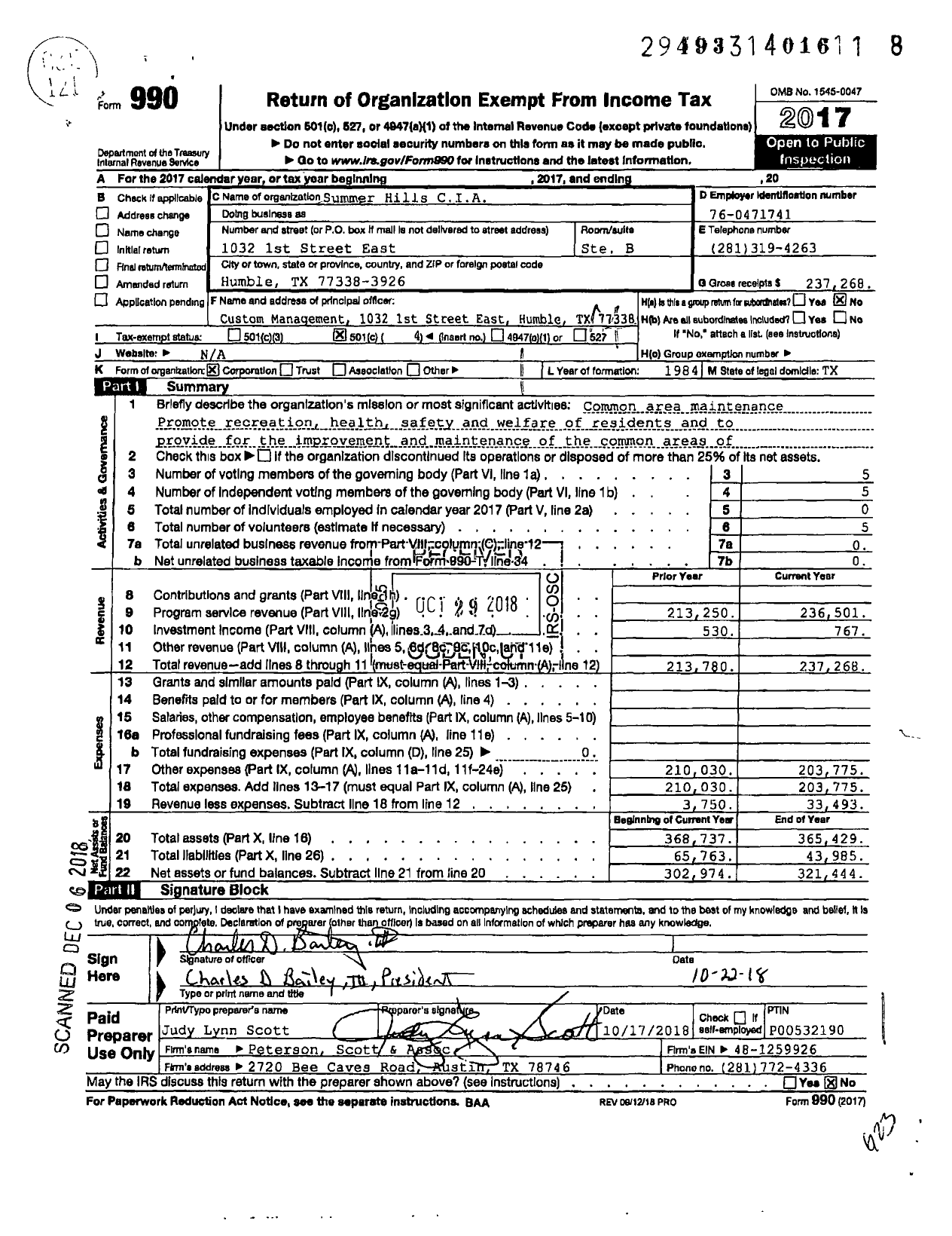 Image of first page of 2017 Form 990O for Summer Hills CIA