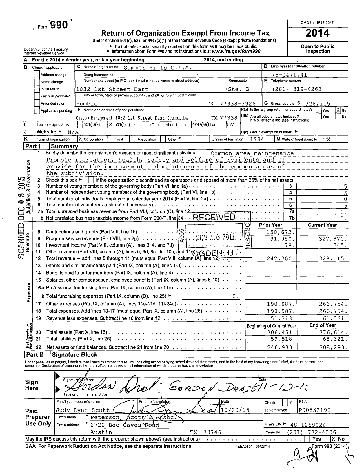 Image of first page of 2014 Form 990O for Summer Hills CIA