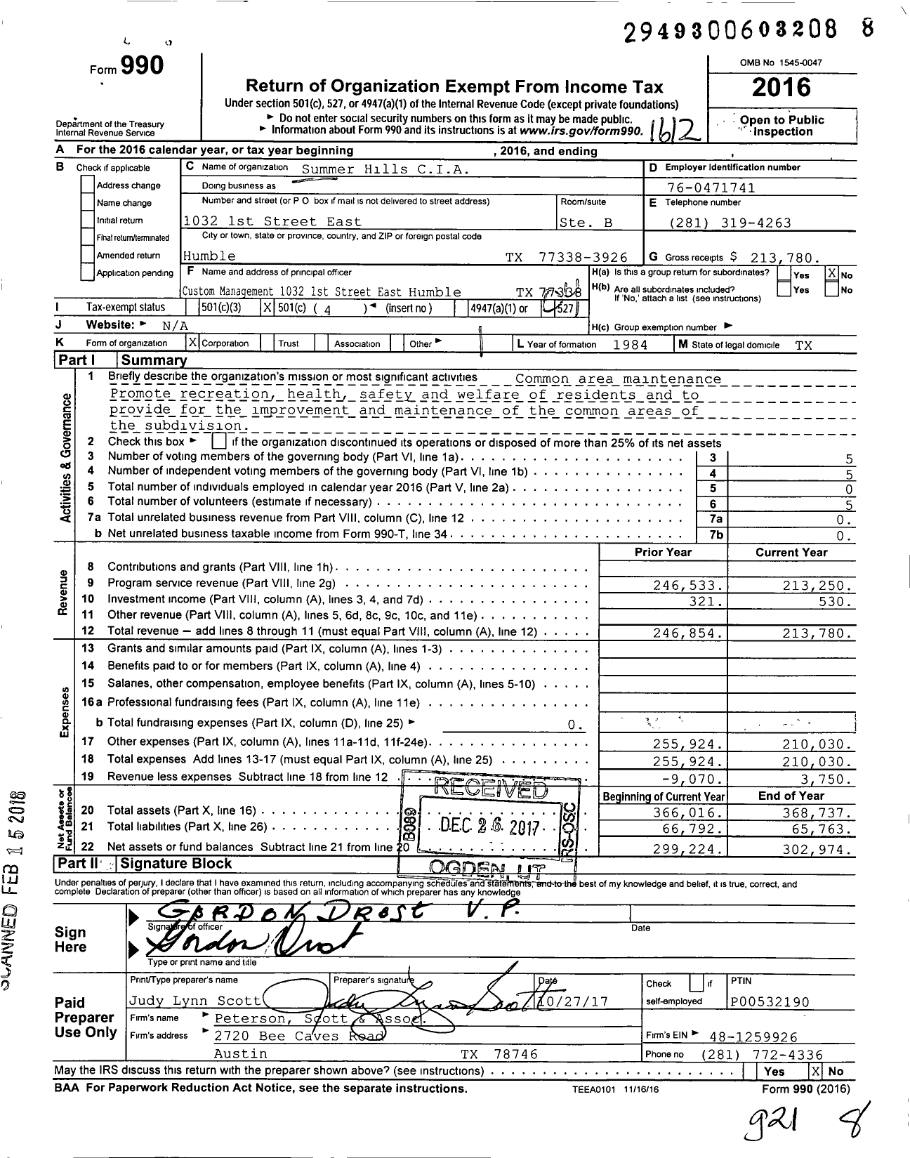 Image of first page of 2016 Form 990O for Summer Hills CIA