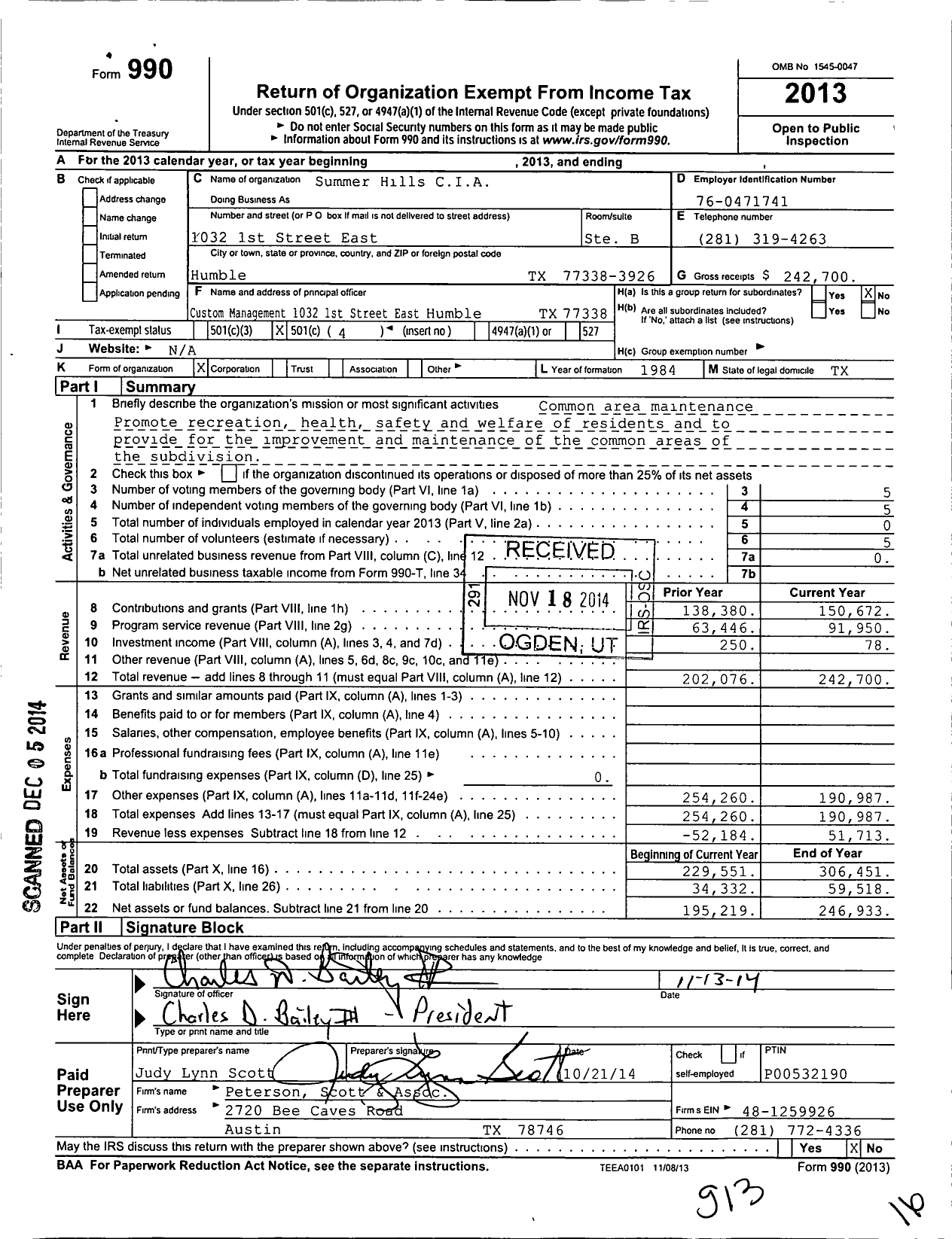 Image of first page of 2013 Form 990O for Summer Hills CIA