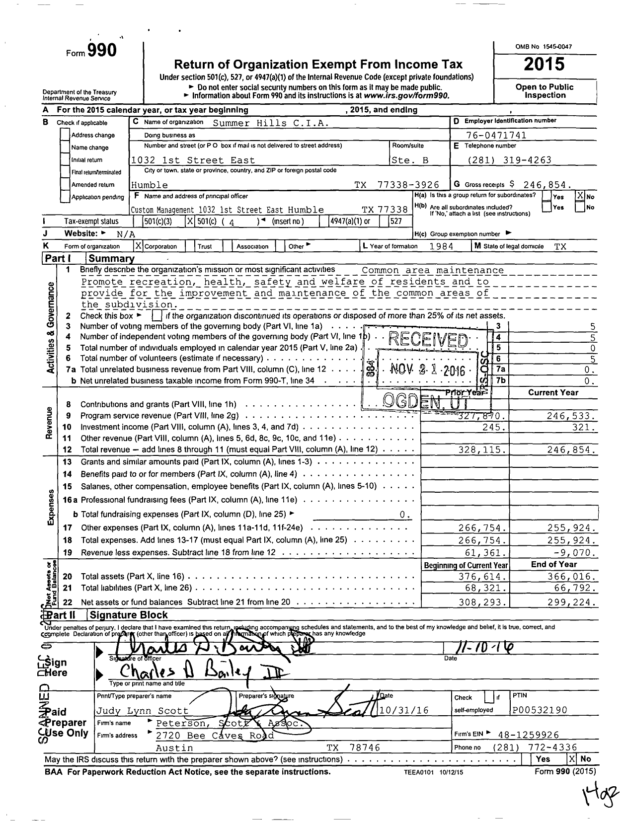 Image of first page of 2015 Form 990O for Summer Hills CIA