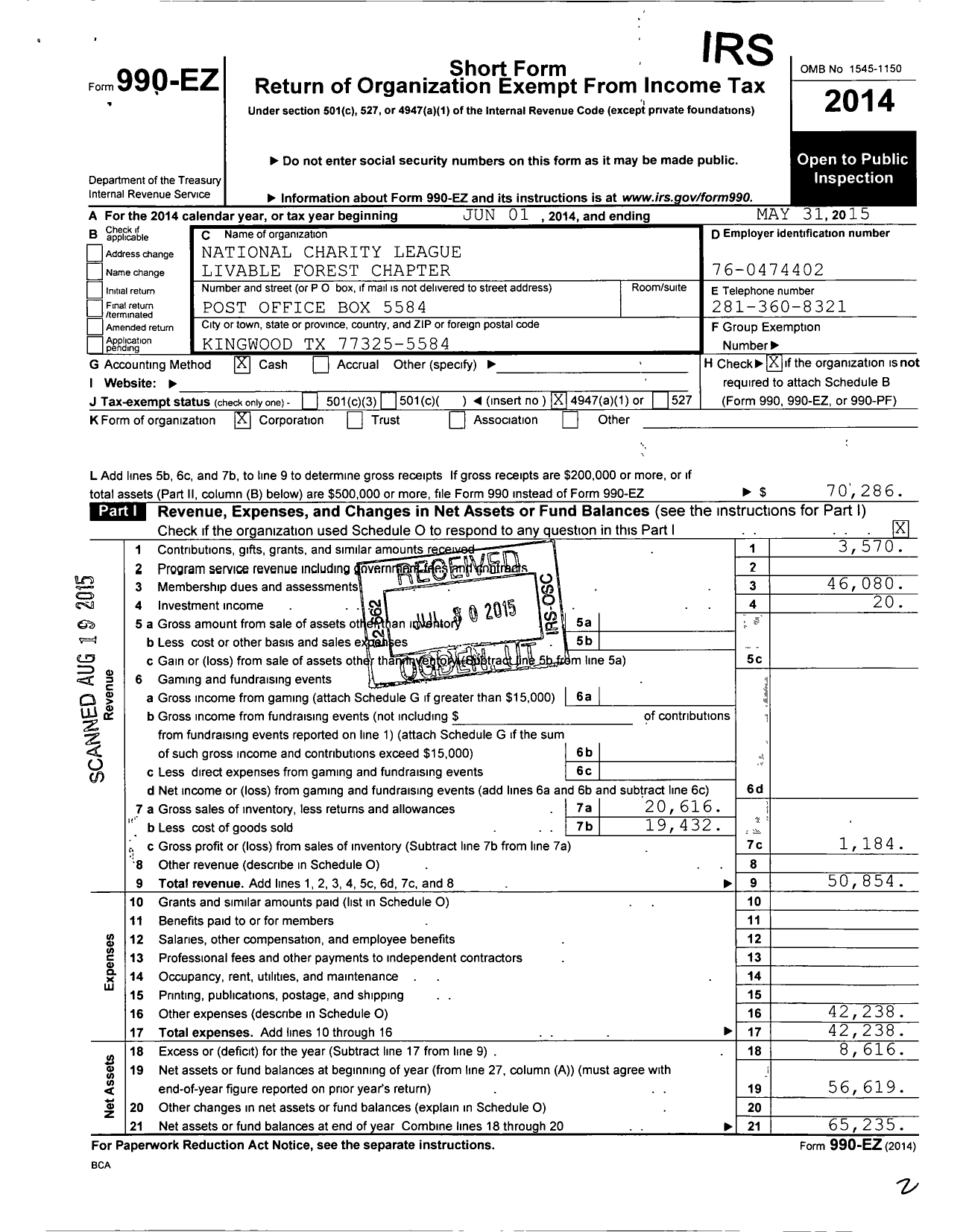 Image of first page of 2014 Form 990EO for National Charity League Inc Livable Forest Chapter