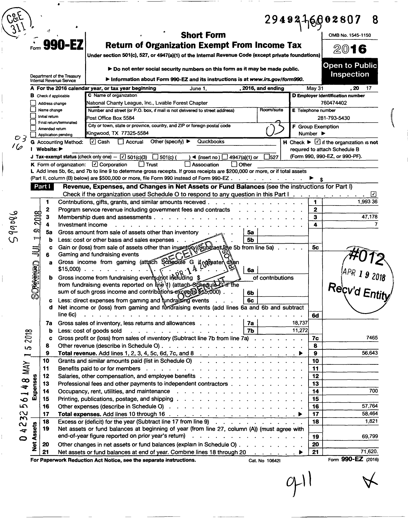 Image of first page of 2016 Form 990EZ for National Charity League Inc Livable Forest Chapter