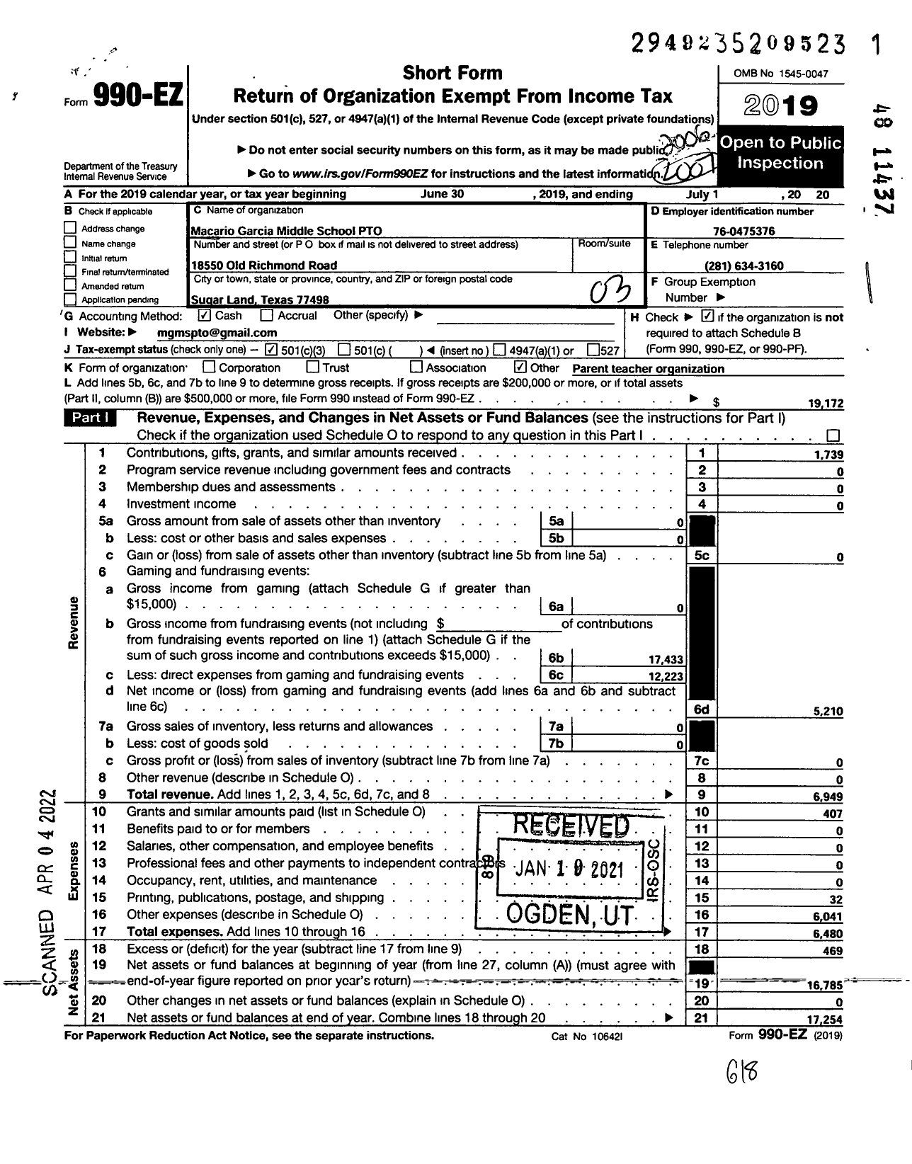 Image of first page of 2019 Form 990EZ for Macario Garica Middle School Parent Teacher Organization