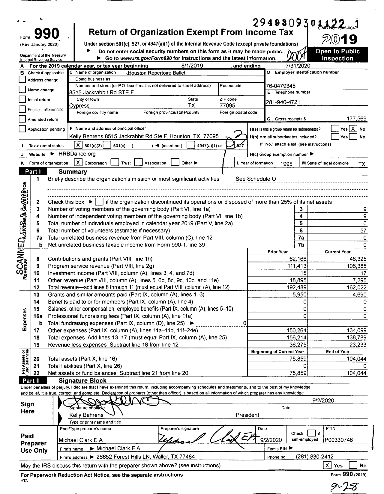 Image of first page of 2019 Form 990 for Houston Repertoire Ballet