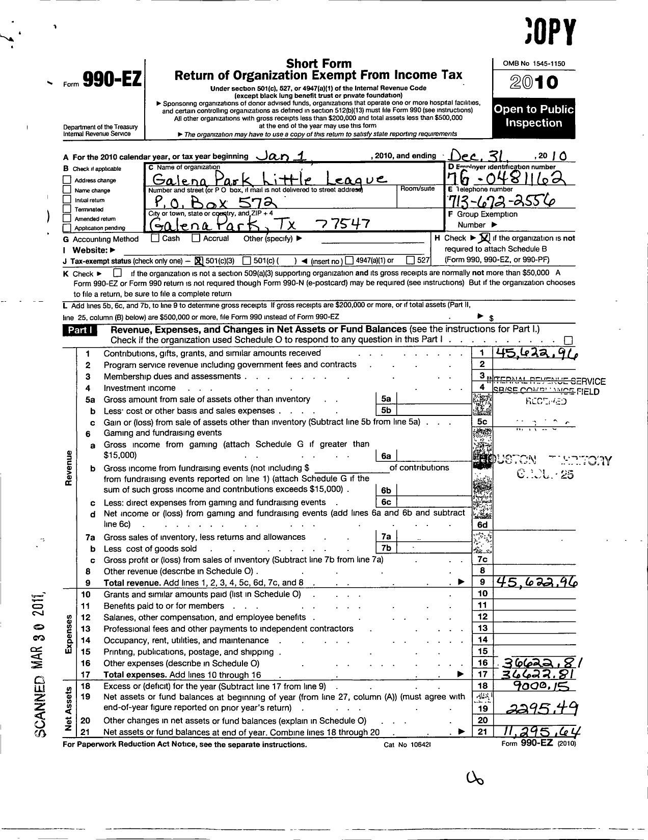 Image of first page of 2010 Form 990EZ for Little League Baseball - 3431703 Galena Park LL