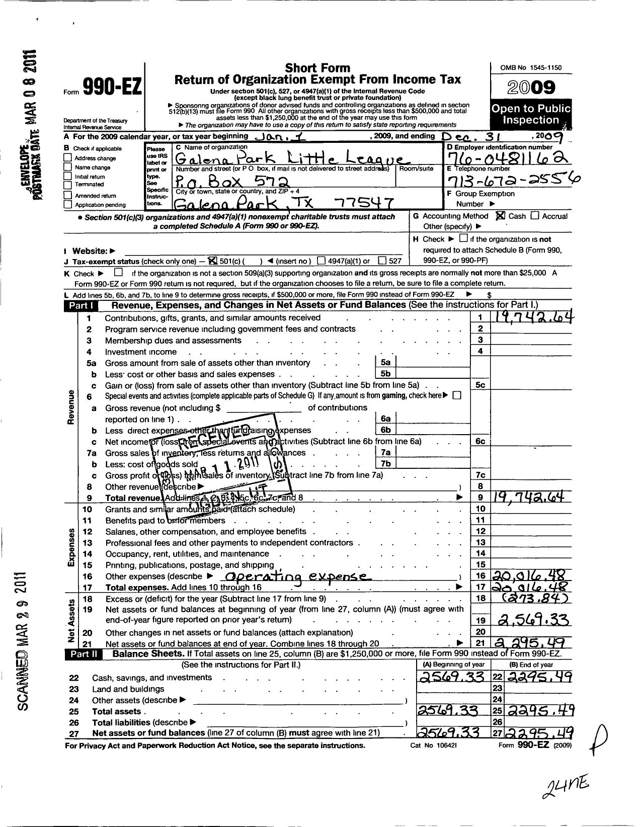 Image of first page of 2009 Form 990EO for Little League Baseball - 3431703 Galena Park LL