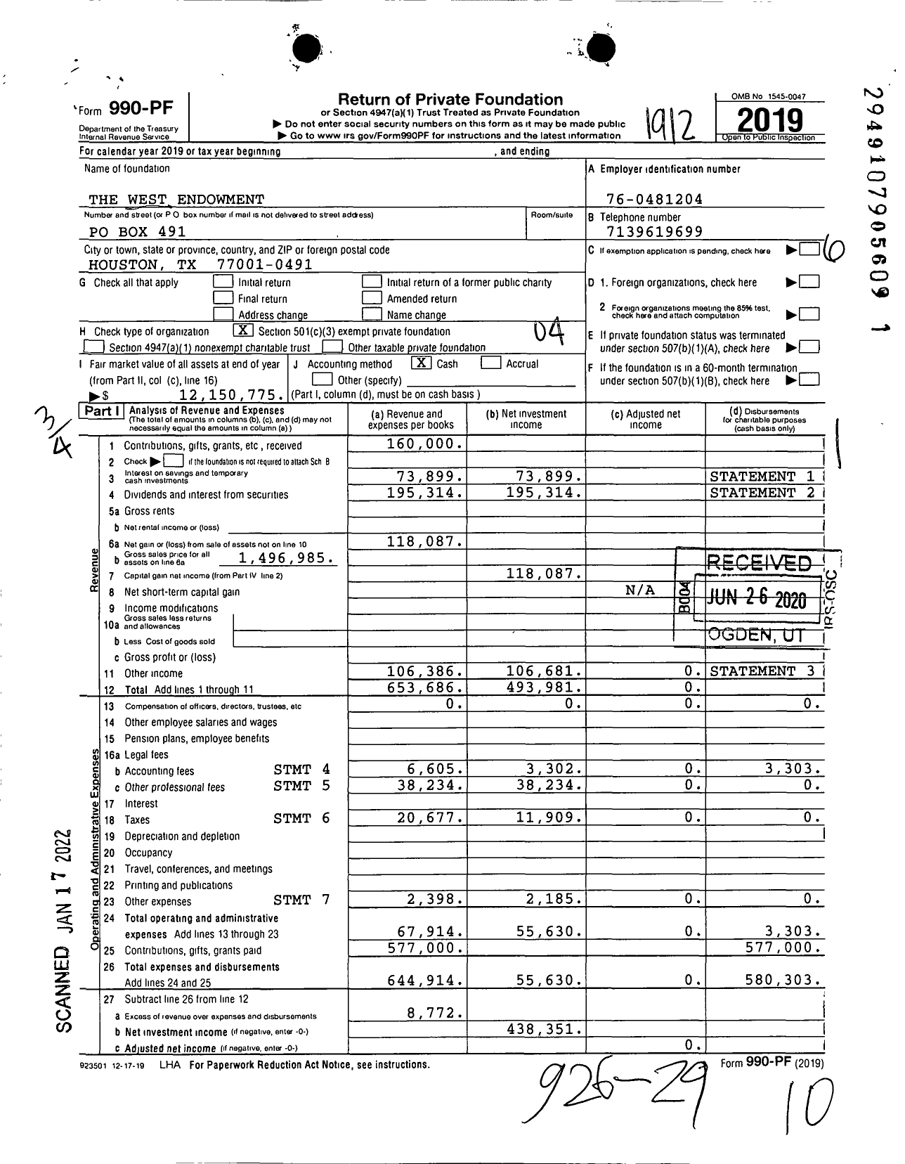 Image of first page of 2019 Form 990PF for The West Endowment