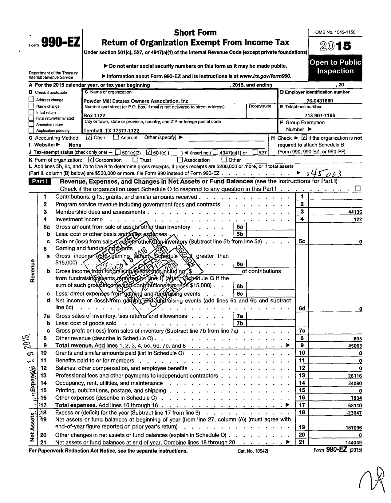 Image of first page of 2015 Form 990EO for Powder Mill Estates Owners Association