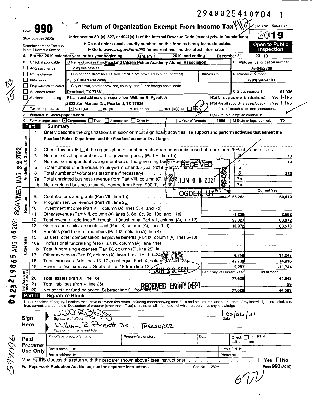 Image of first page of 2019 Form 990 for Pearland Citizens Police Academy Alumni Association