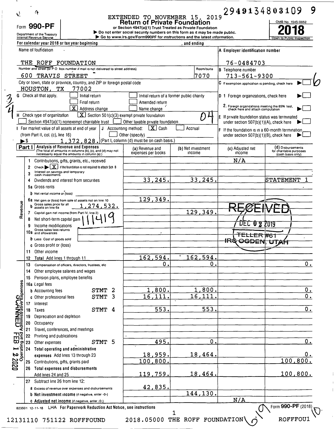 Image of first page of 2018 Form 990PF for The Roff Foundation