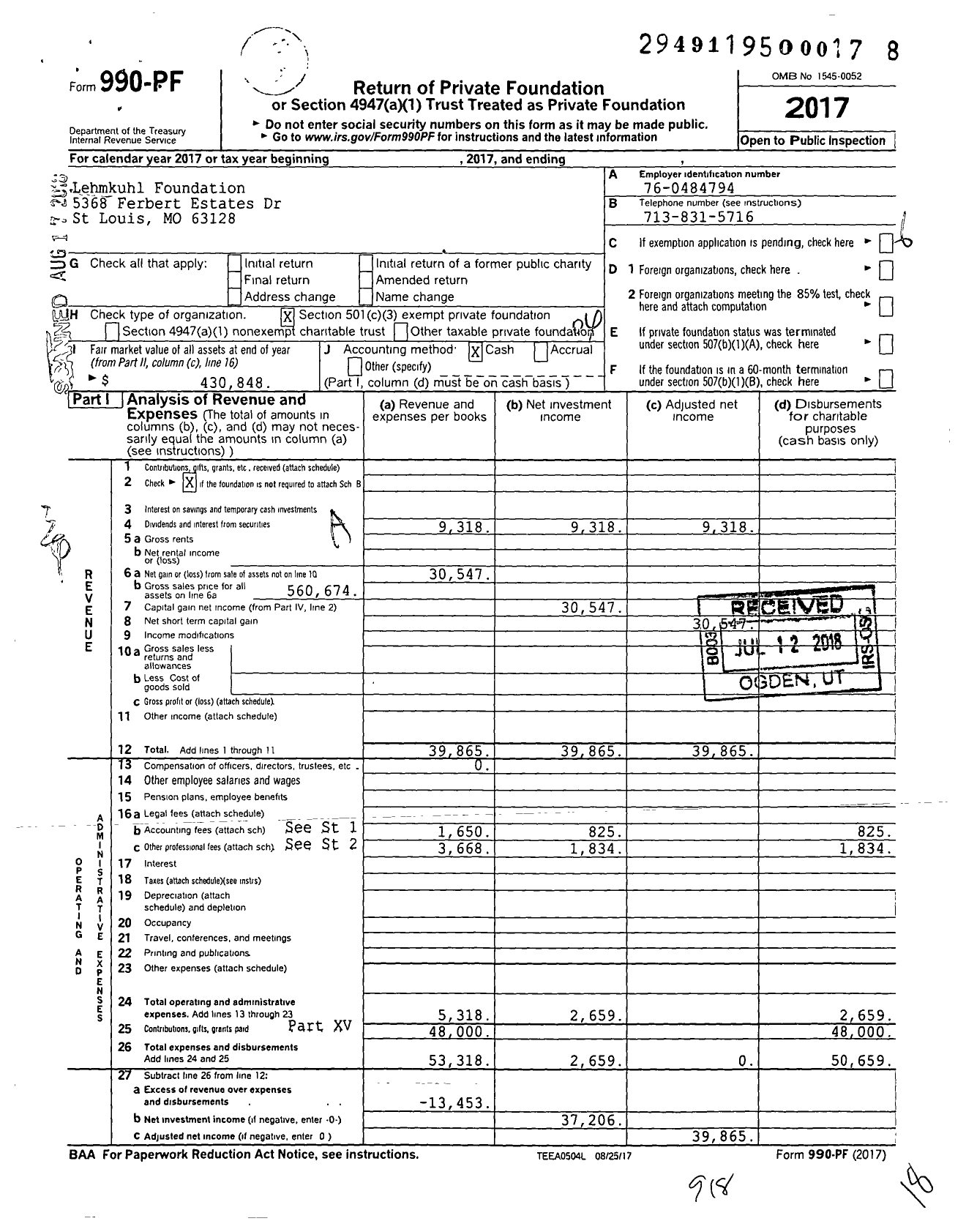 Image of first page of 2017 Form 990PF for Lehmkuhl Foundation