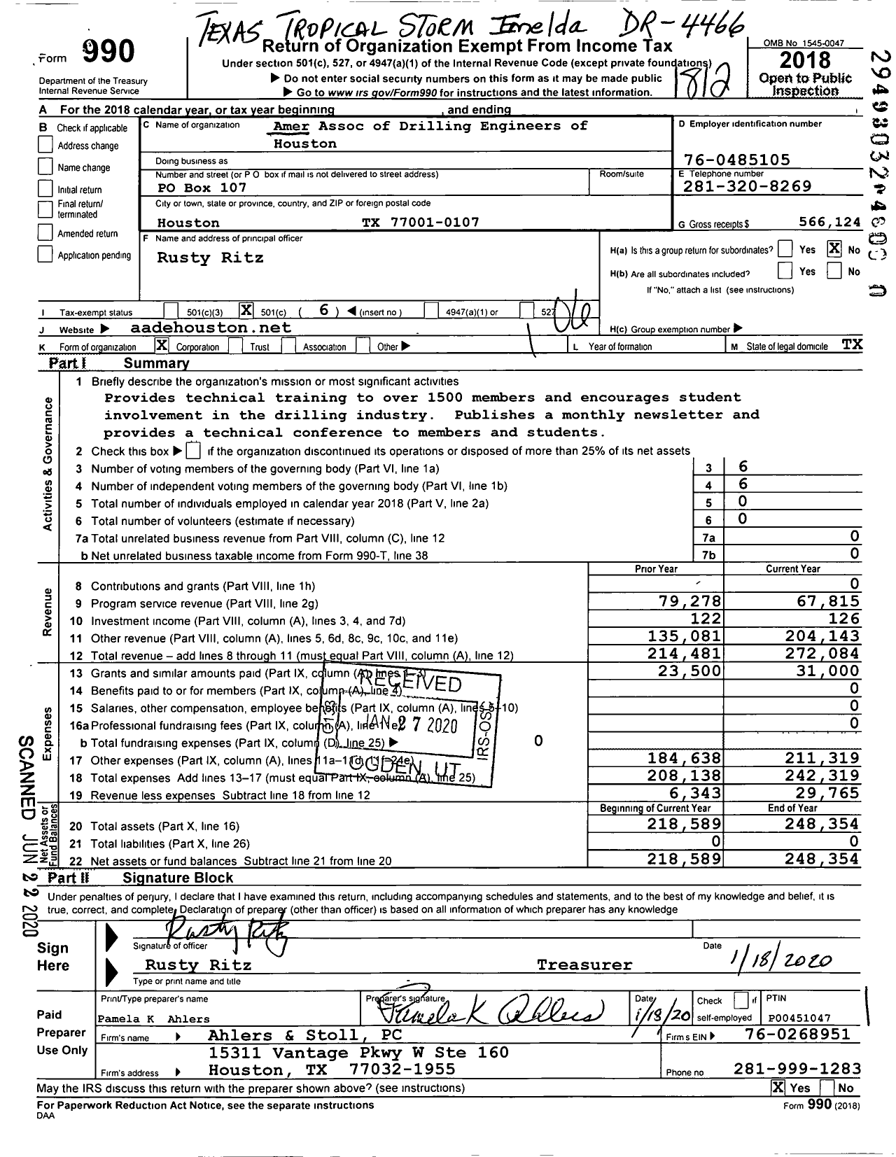 Image of first page of 2018 Form 990O for American Association of Drilling Engineers of Houston (AADE)