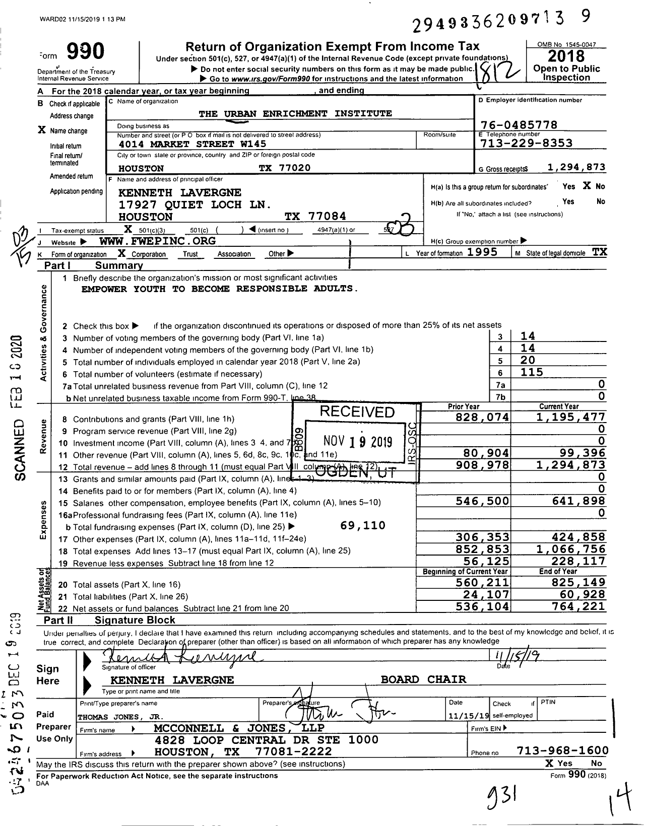 Image of first page of 2018 Form 990 for The Urban Enrichment Institute