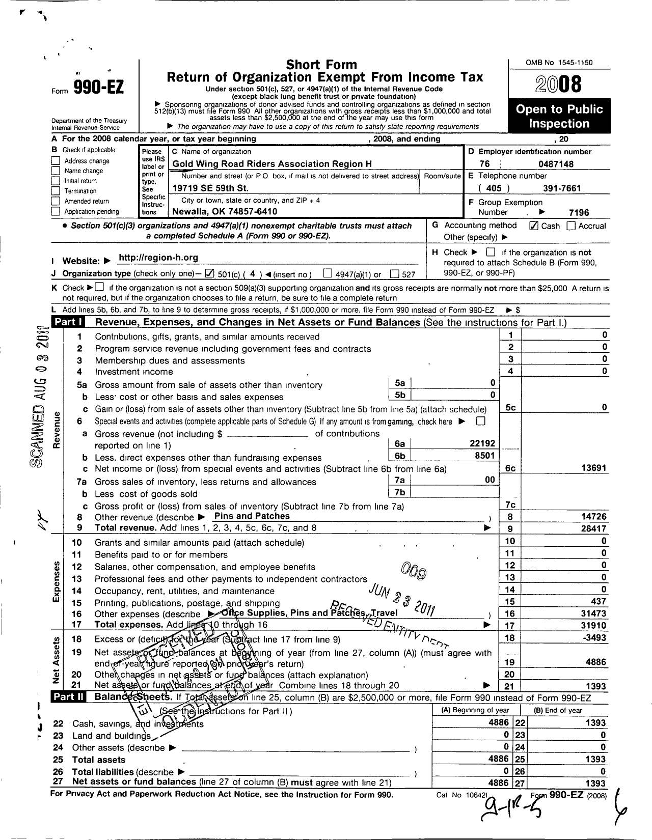 Image of first page of 2008 Form 990EO for Gold Wing Road Riders Association / Region H