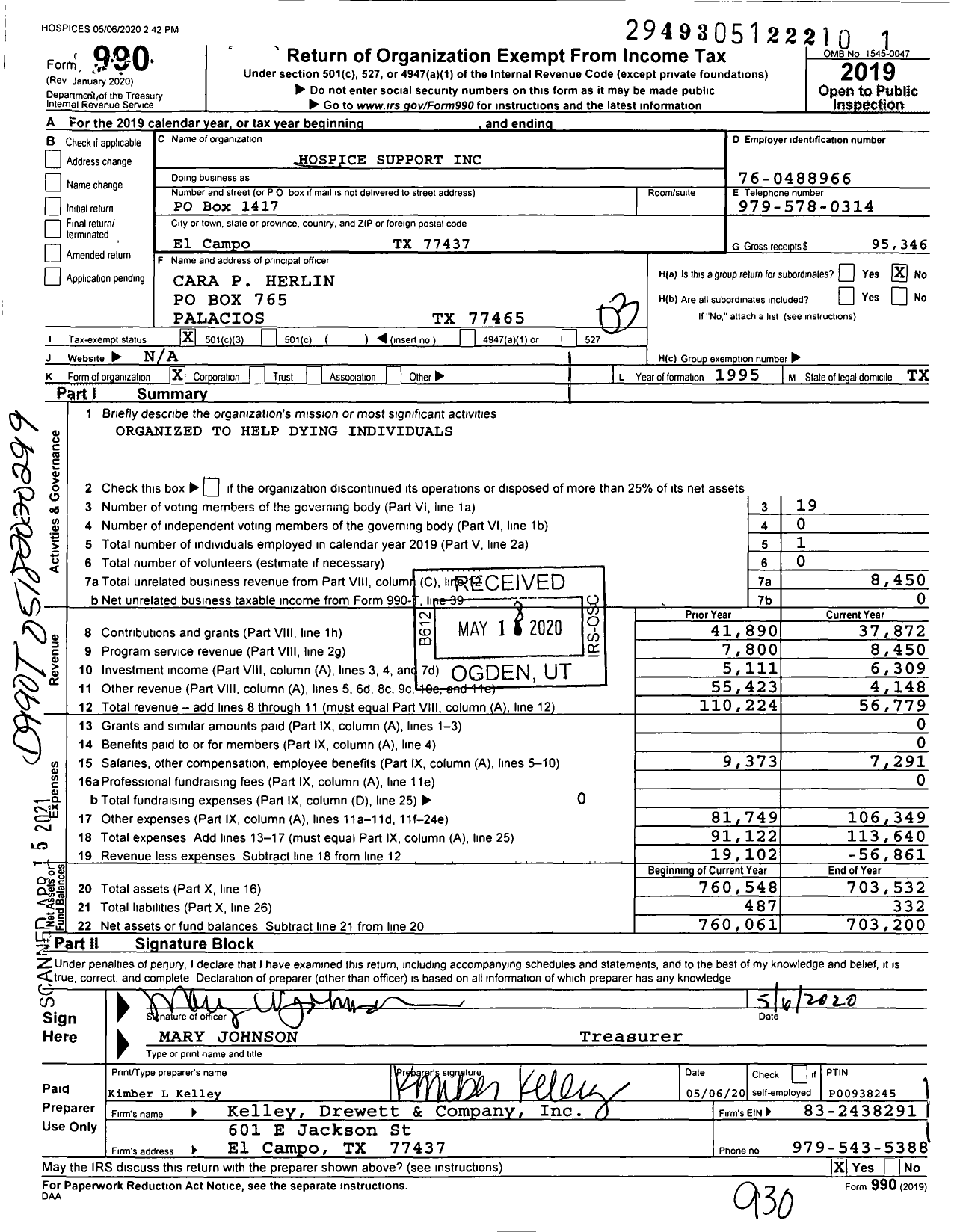 Image of first page of 2019 Form 990 for Hospice Support