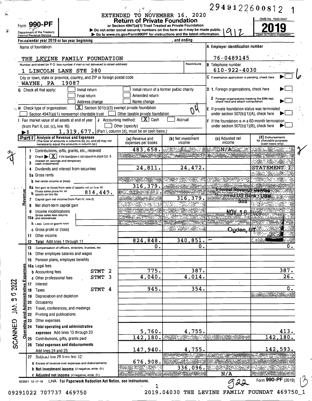 Image of first page of 2019 Form 990PF for The Levine Family Foundation