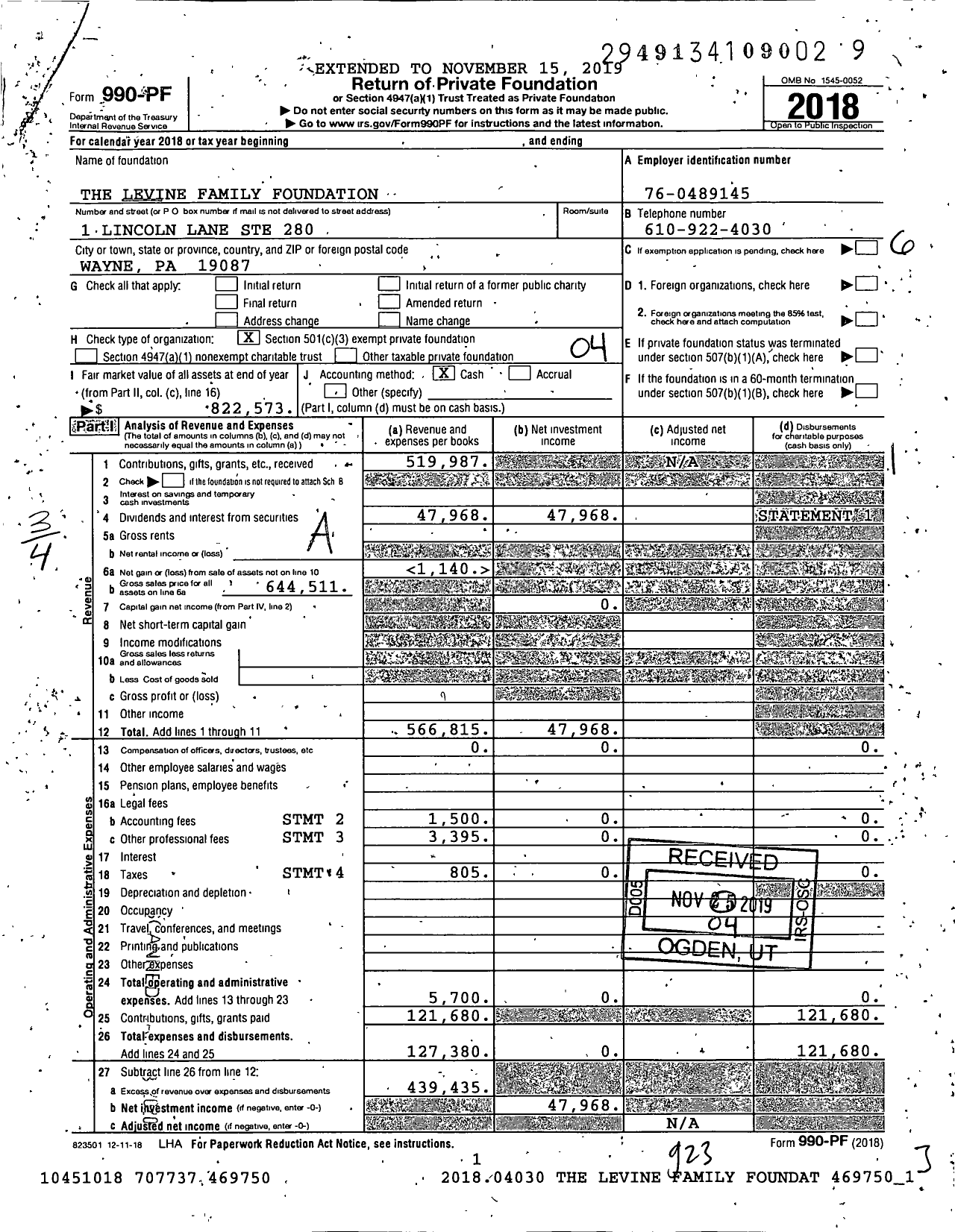 Image of first page of 2018 Form 990PF for The Levine Family Foundation