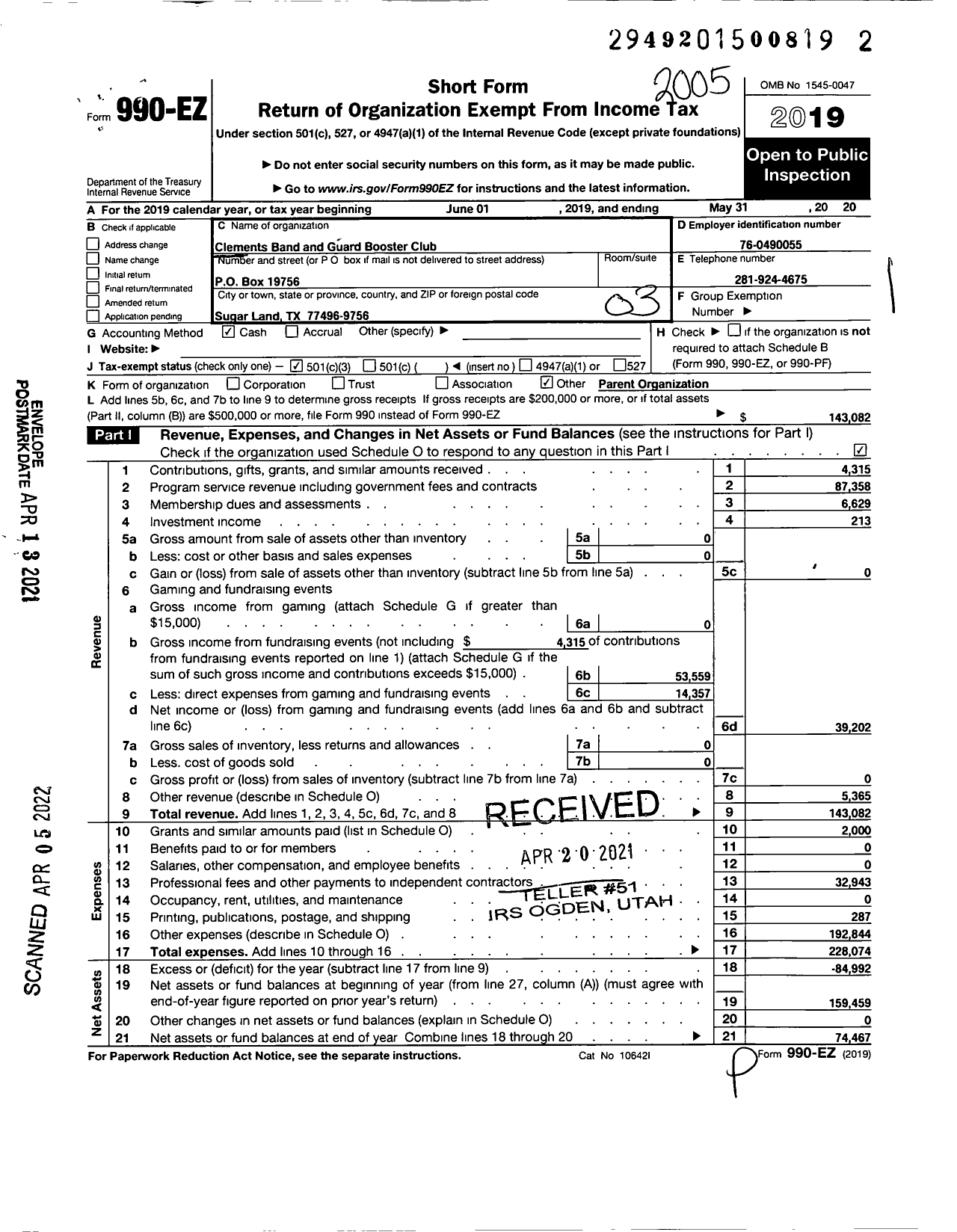 Image of first page of 2019 Form 990EZ for Clements Band and Color Guard Booster Club