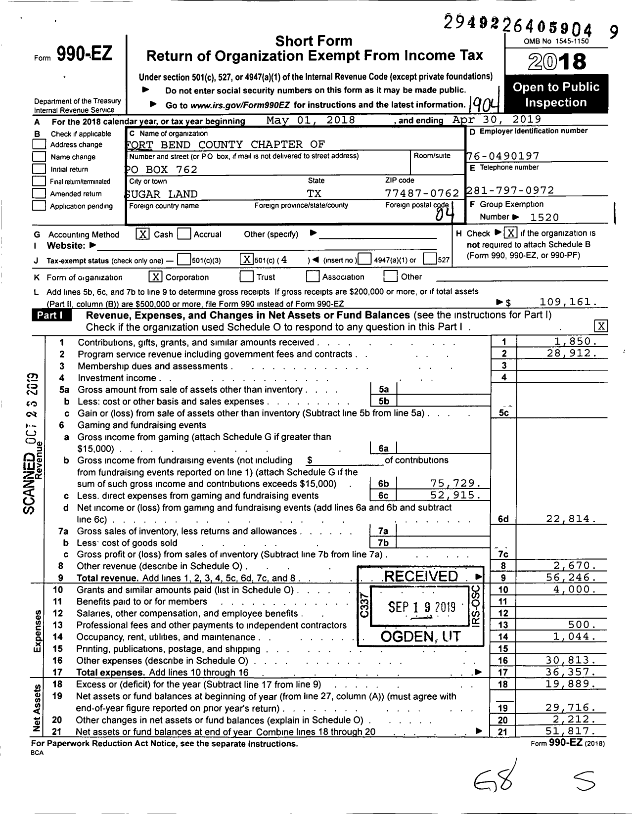 Image of first page of 2018 Form 990EO for Fort Bend County Chapter of the Links Incorporated