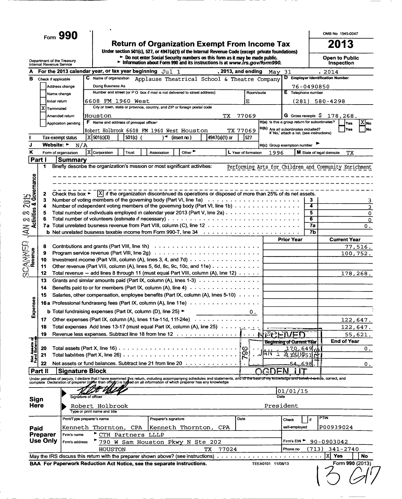 Image of first page of 2013 Form 990 for Applause Theatrical School and Theatre Company