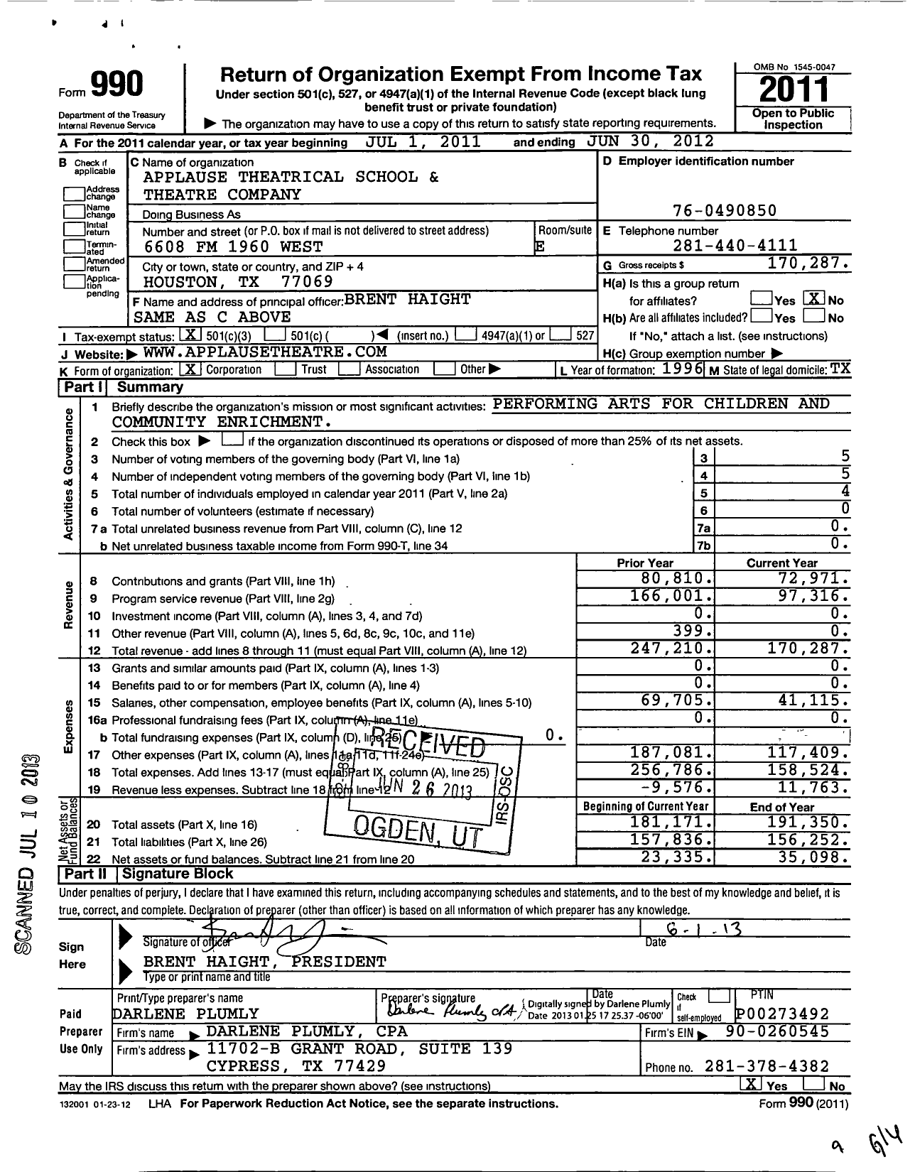 Image of first page of 2011 Form 990 for Applause Theatrical School and Theatre Company