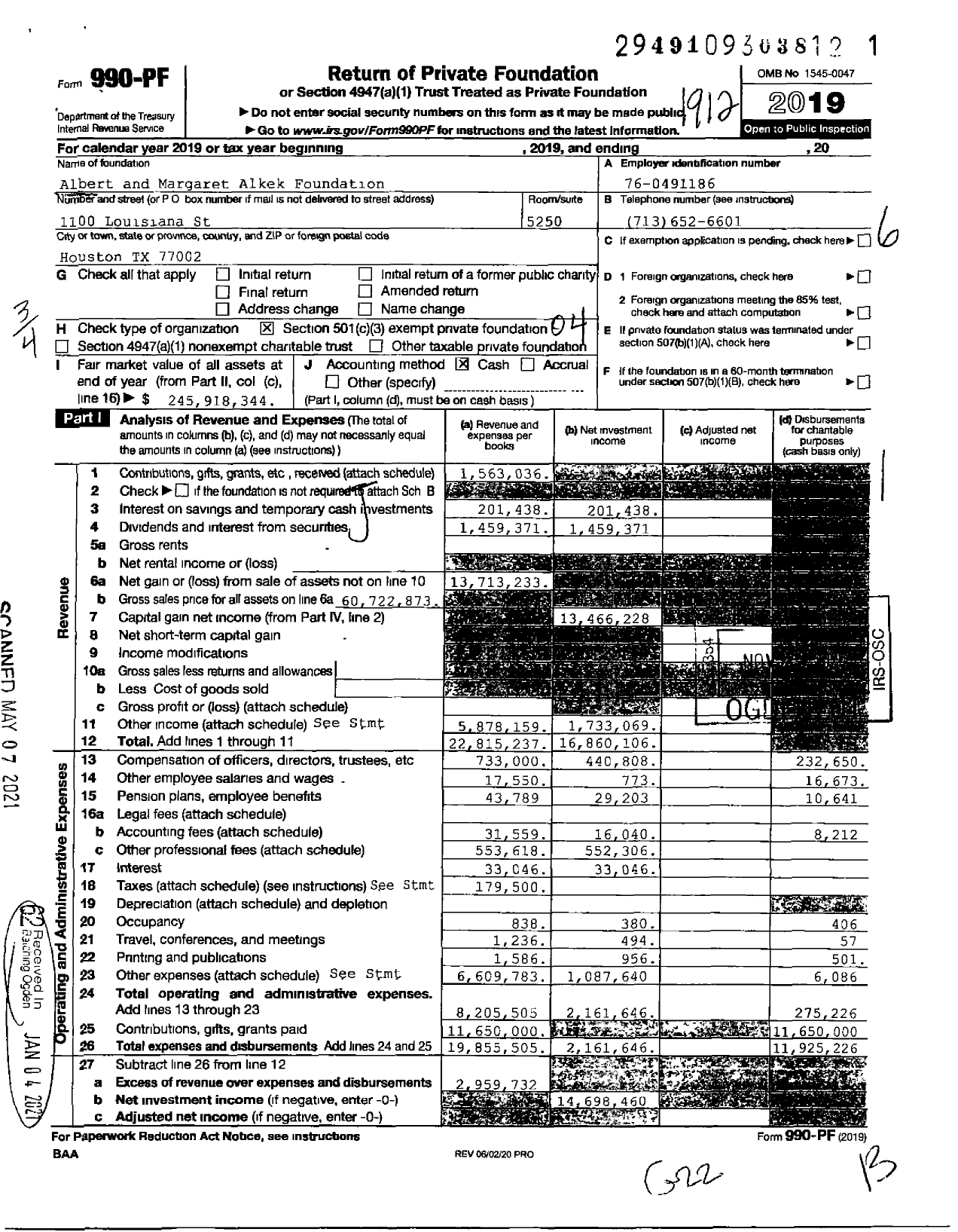 Image of first page of 2019 Form 990PF for Albert and Margaret Alkek Foundation