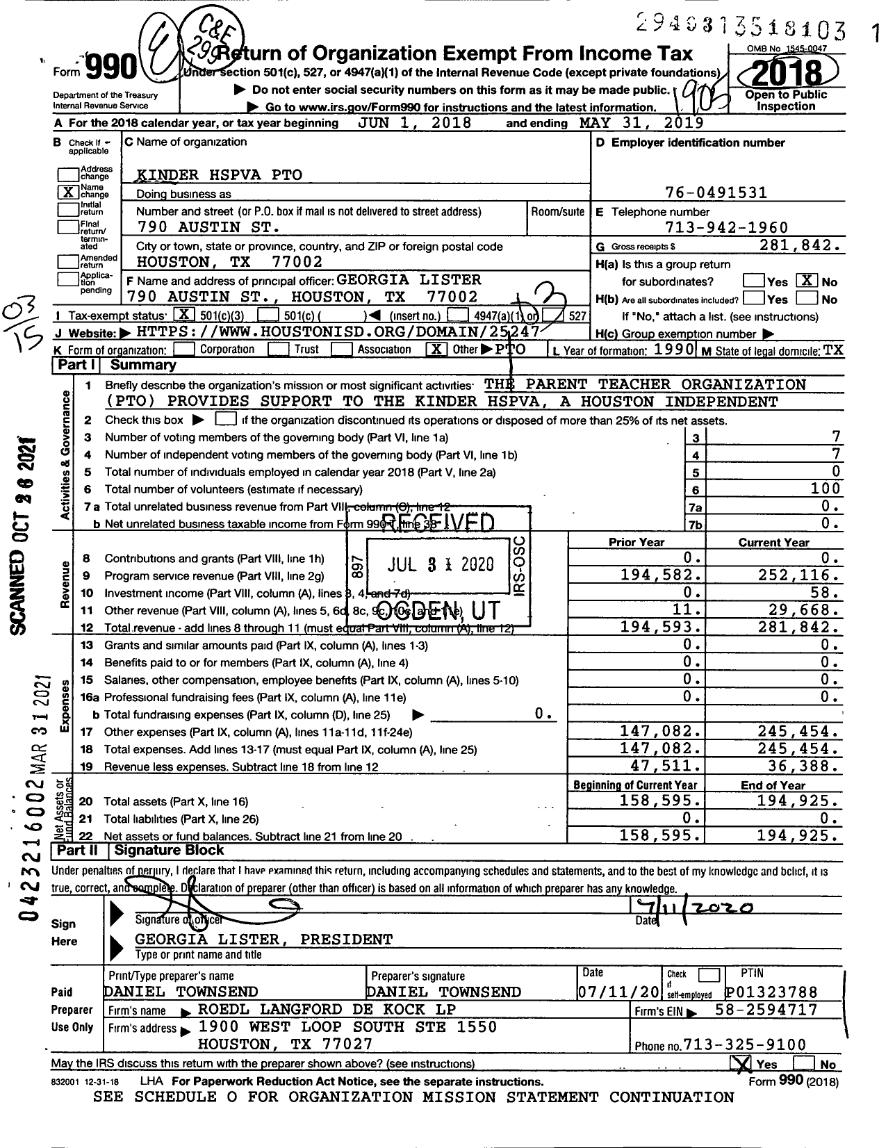 Image of first page of 2018 Form 990 for High School for the Performing and Visual Arts Parent Teacher Organization