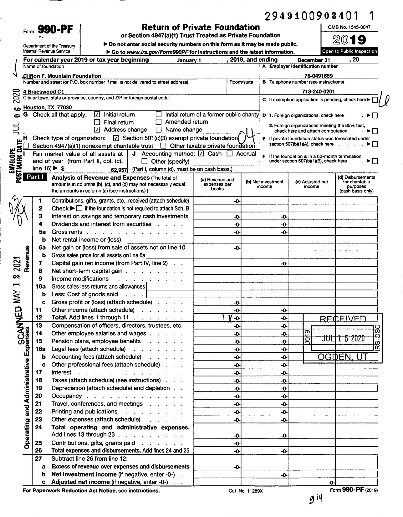 Image of first page of 2019 Form 990PF for Clifton F Mountain Foundation