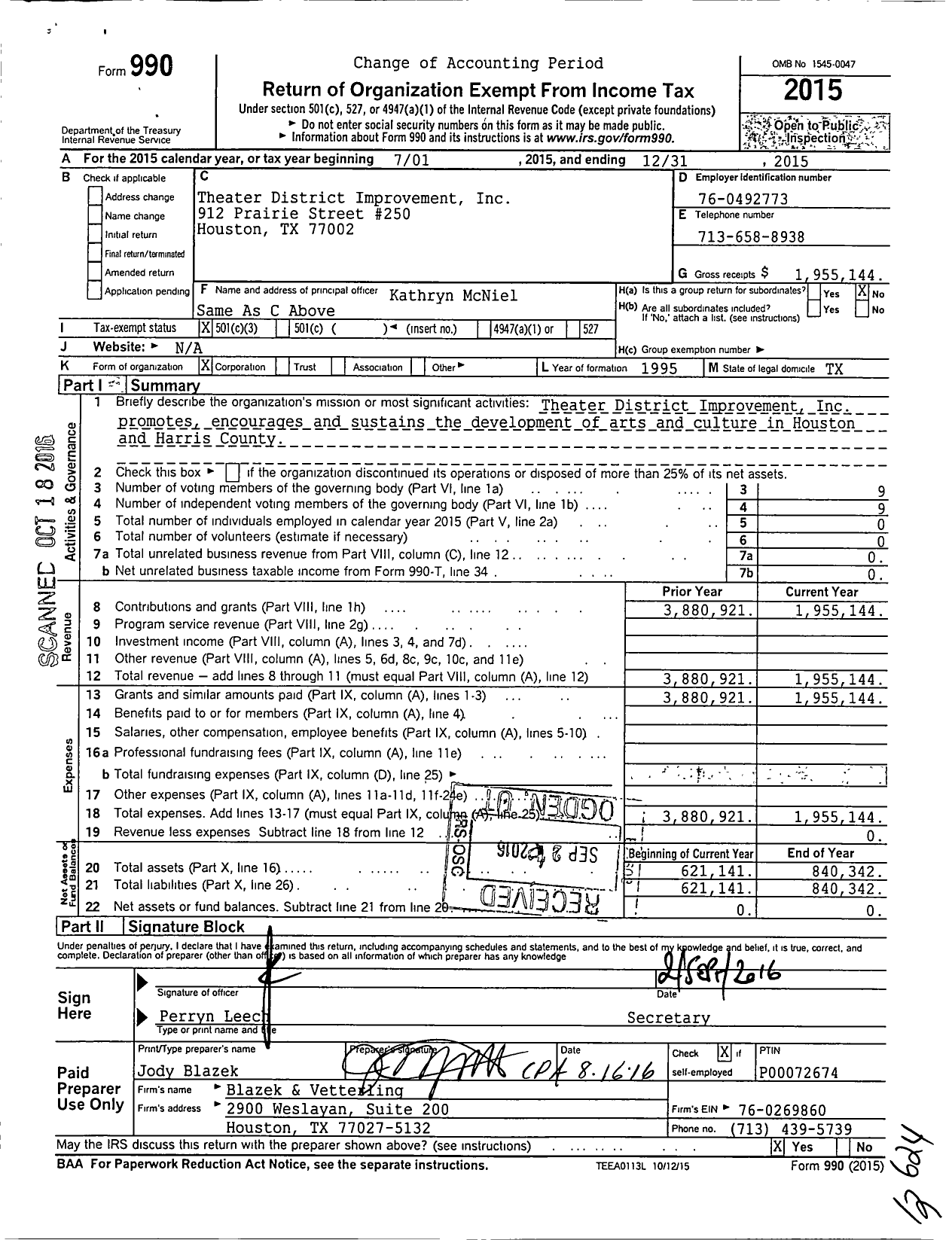 Image of first page of 2015 Form 990 for Theater District Improvement