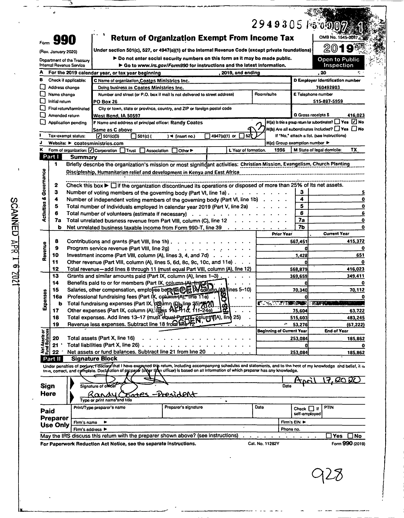 Image of first page of 2019 Form 990 for Coates Ministries