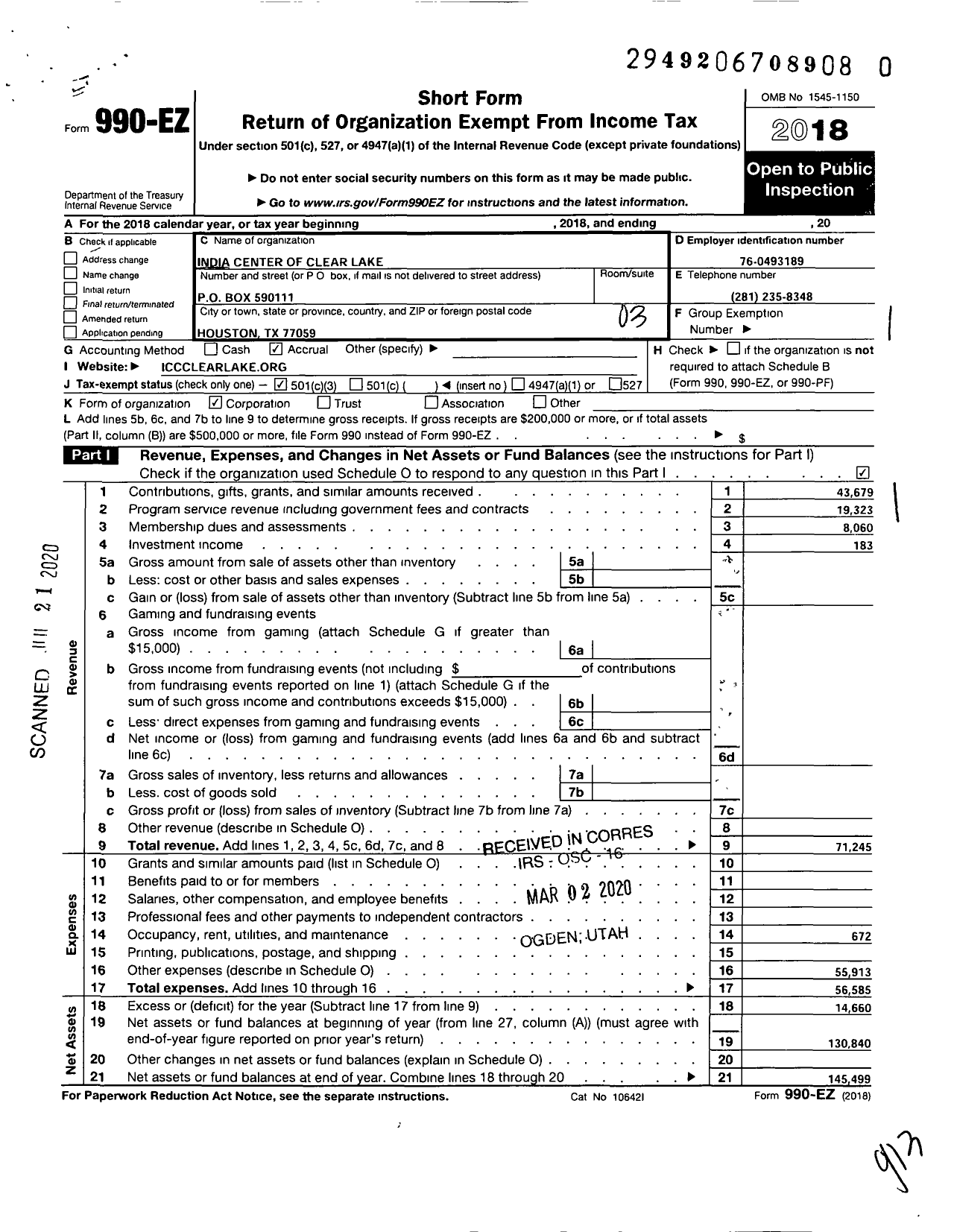 Image of first page of 2018 Form 990EZ for India Center of Clear Lake