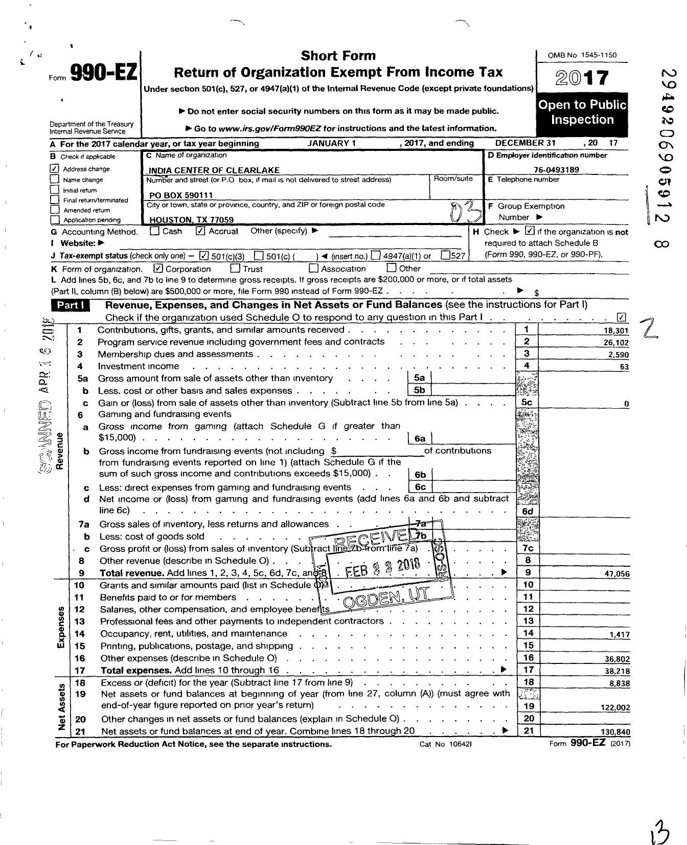 Image of first page of 2017 Form 990EZ for India Center of Clear Lake