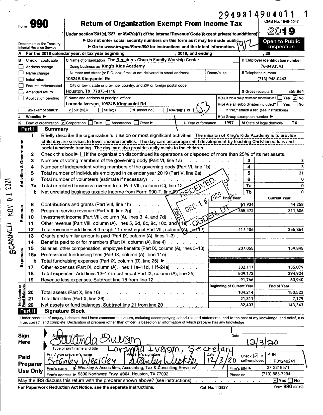 Image of first page of 2019 Form 990 for King's Kids Academy