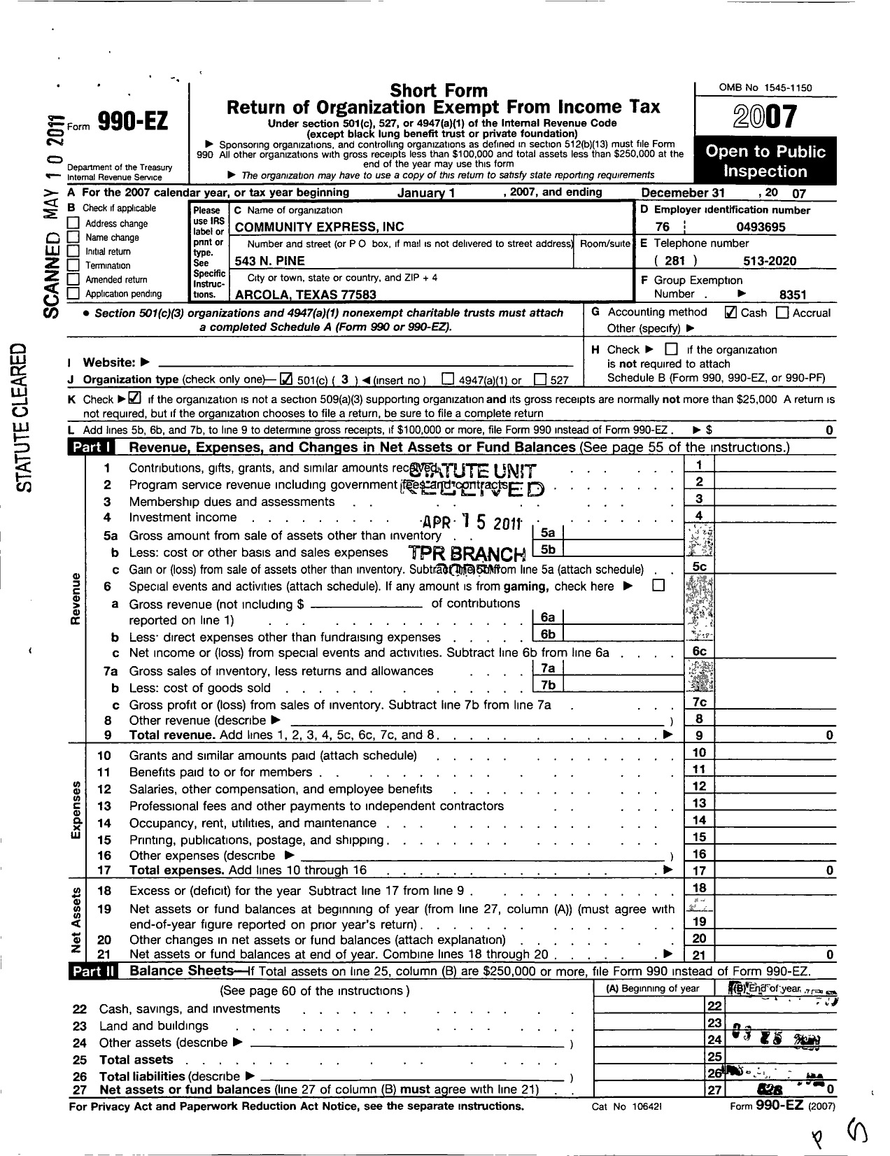 Image of first page of 2007 Form 990EZ for Community Express