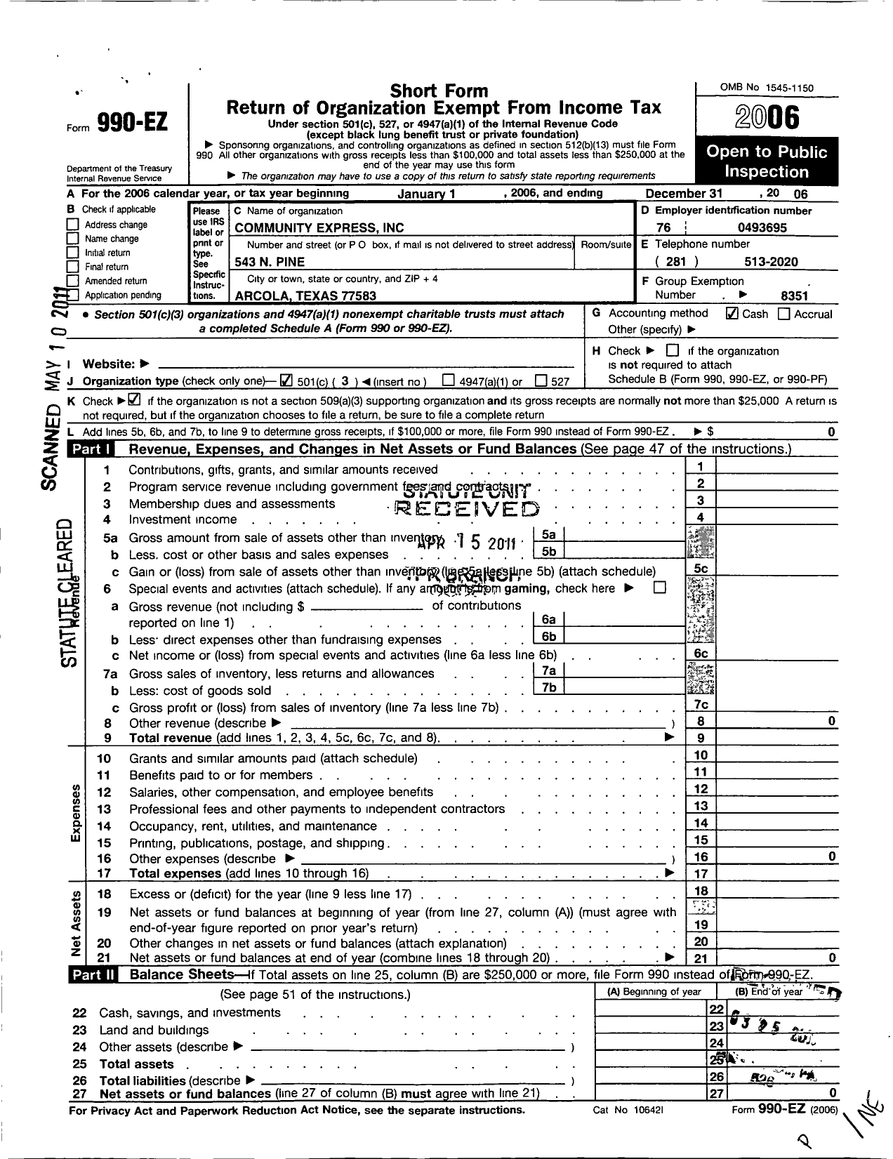 Image of first page of 2006 Form 990EZ for Community Express