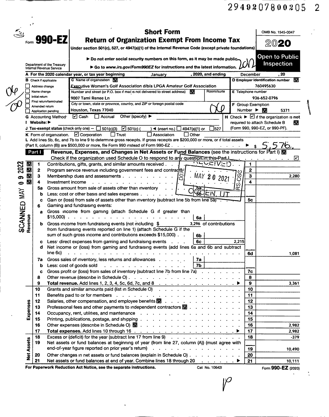 Image of first page of 2020 Form 990EO for LPGA Amateur GOLF Associatioin