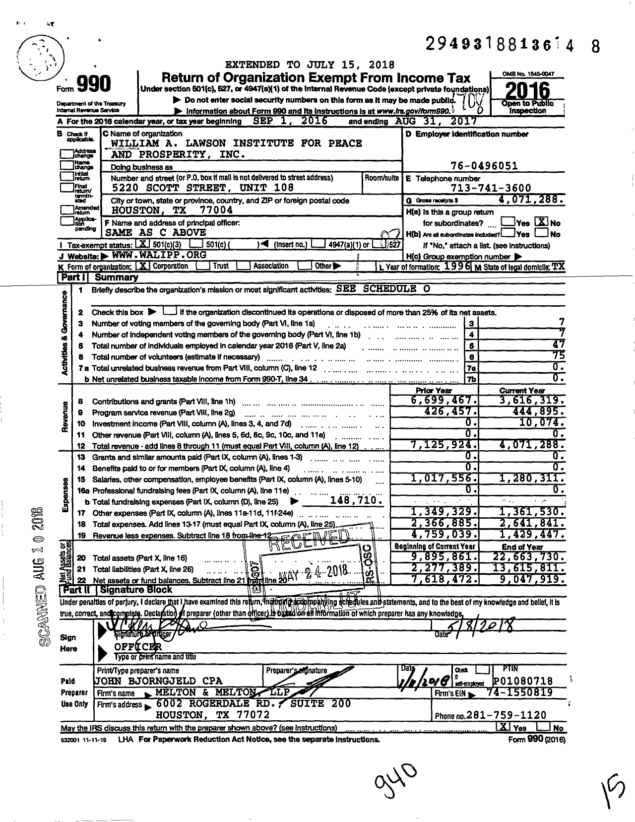 Image of first page of 2016 Form 990 for William A Lawson Institute for Peace and Prosperity