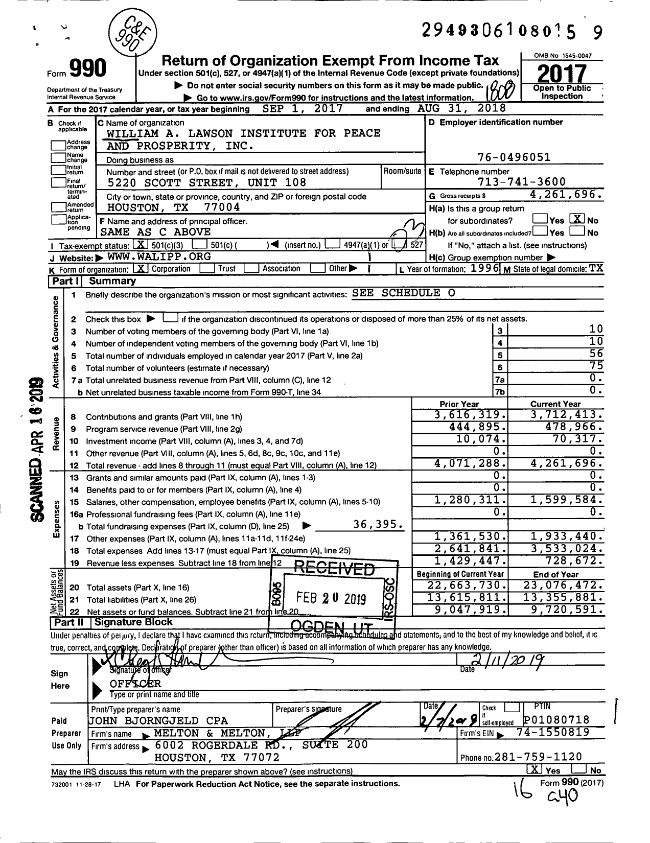 Image of first page of 2017 Form 990 for William A Lawson Institute for Peace and Prosperity