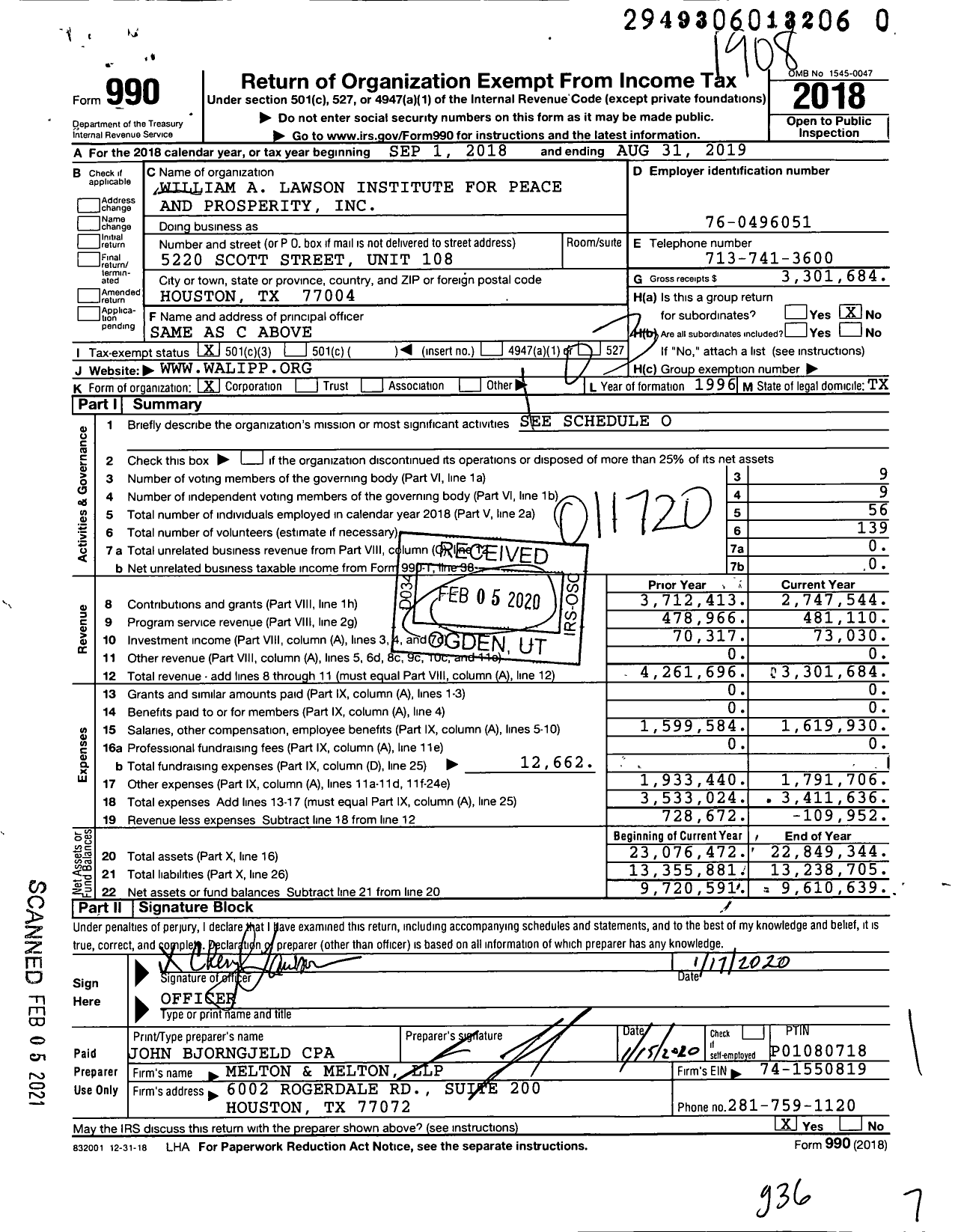 Image of first page of 2018 Form 990 for William A Lawson Institute for Peace and Prosperity