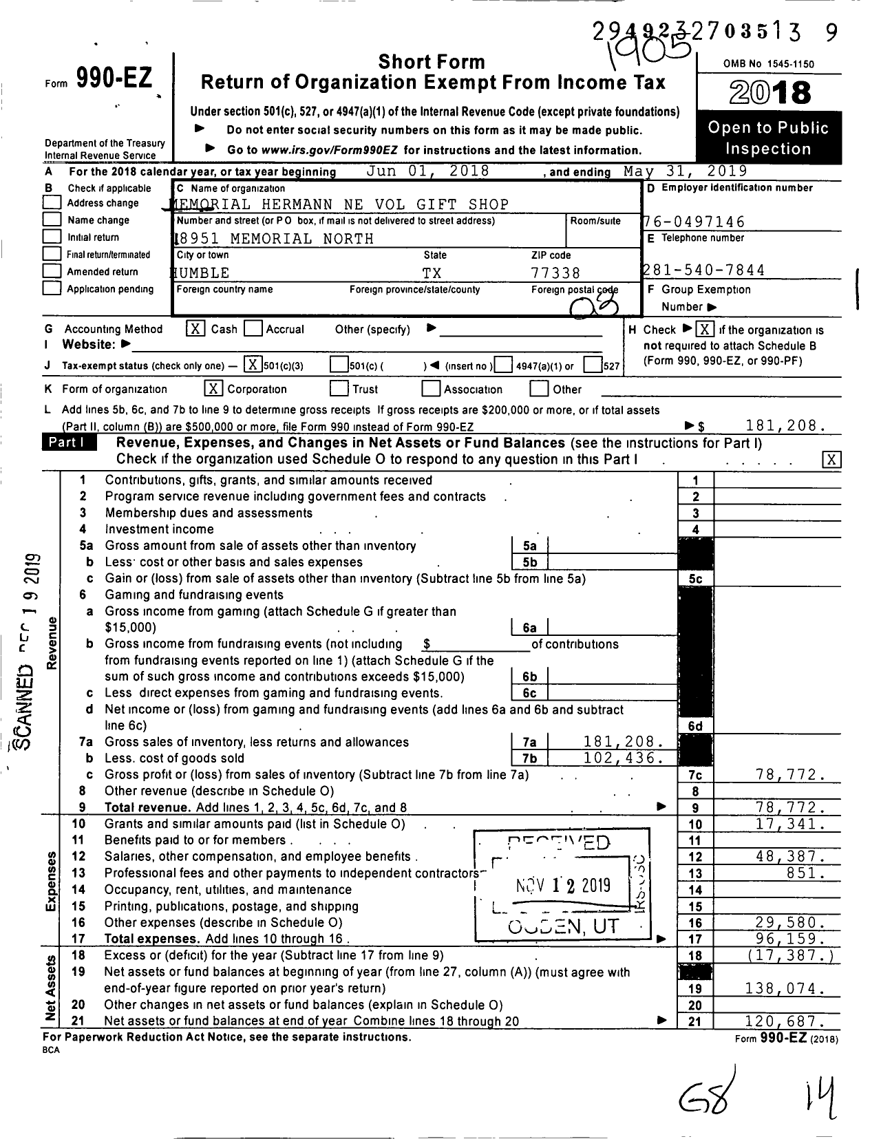 Image of first page of 2018 Form 990EZ for Northeast Medical Center Hospital Auxiliary Gift Shop
