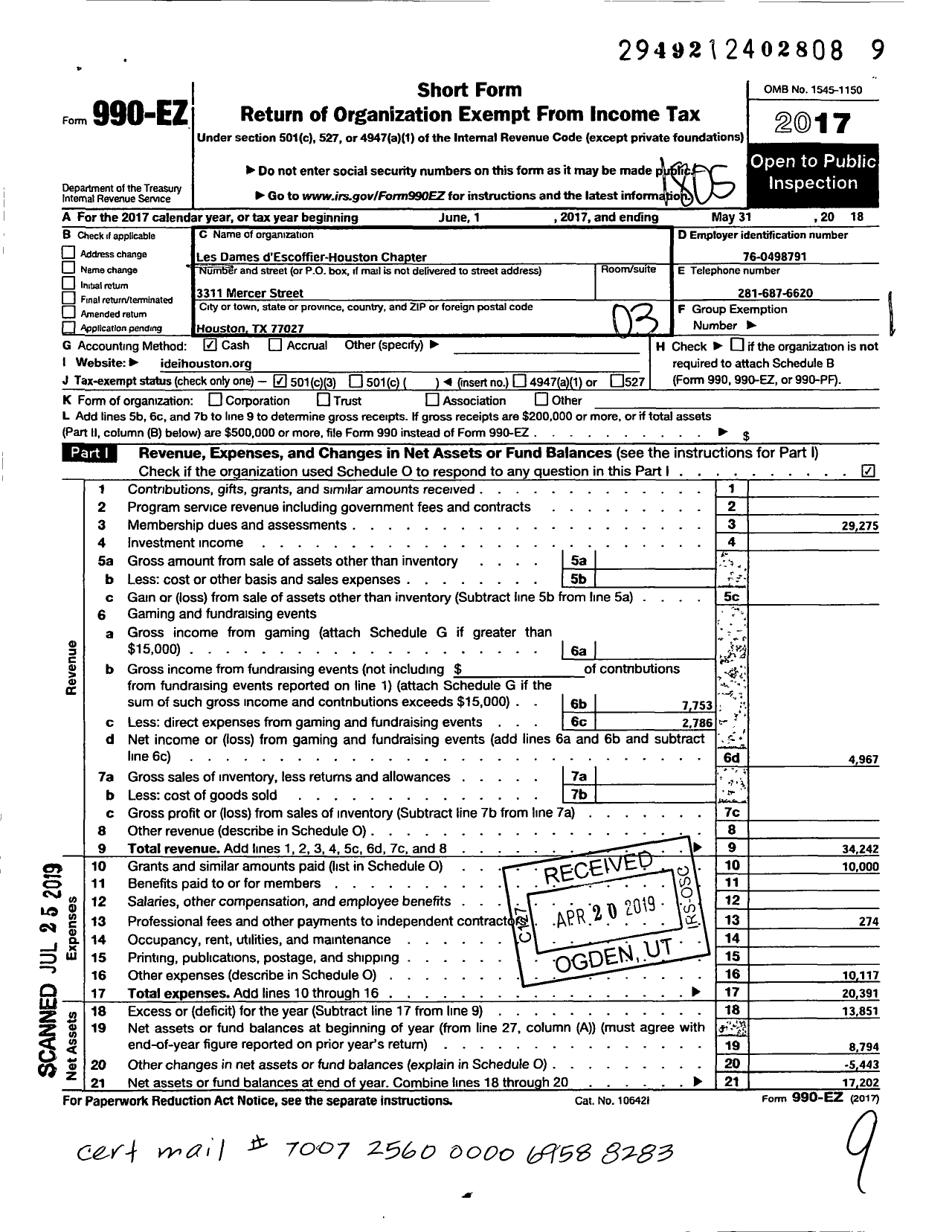 Image of first page of 2017 Form 990EZ for Les Dames Descoffier-Houston Chapter