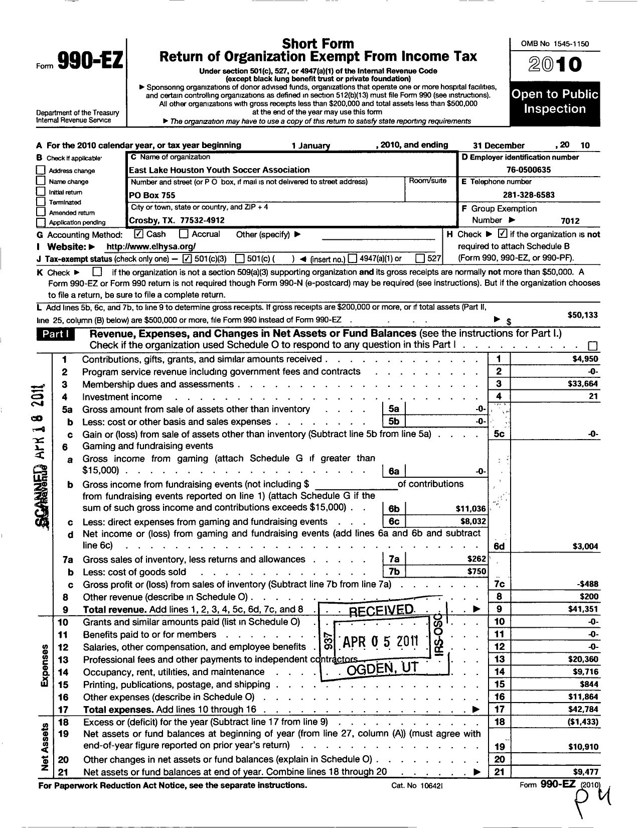 Image of first page of 2010 Form 990EZ for South Texas Youth Soccer Association / E Lake Houston Youth Soccer Assoc