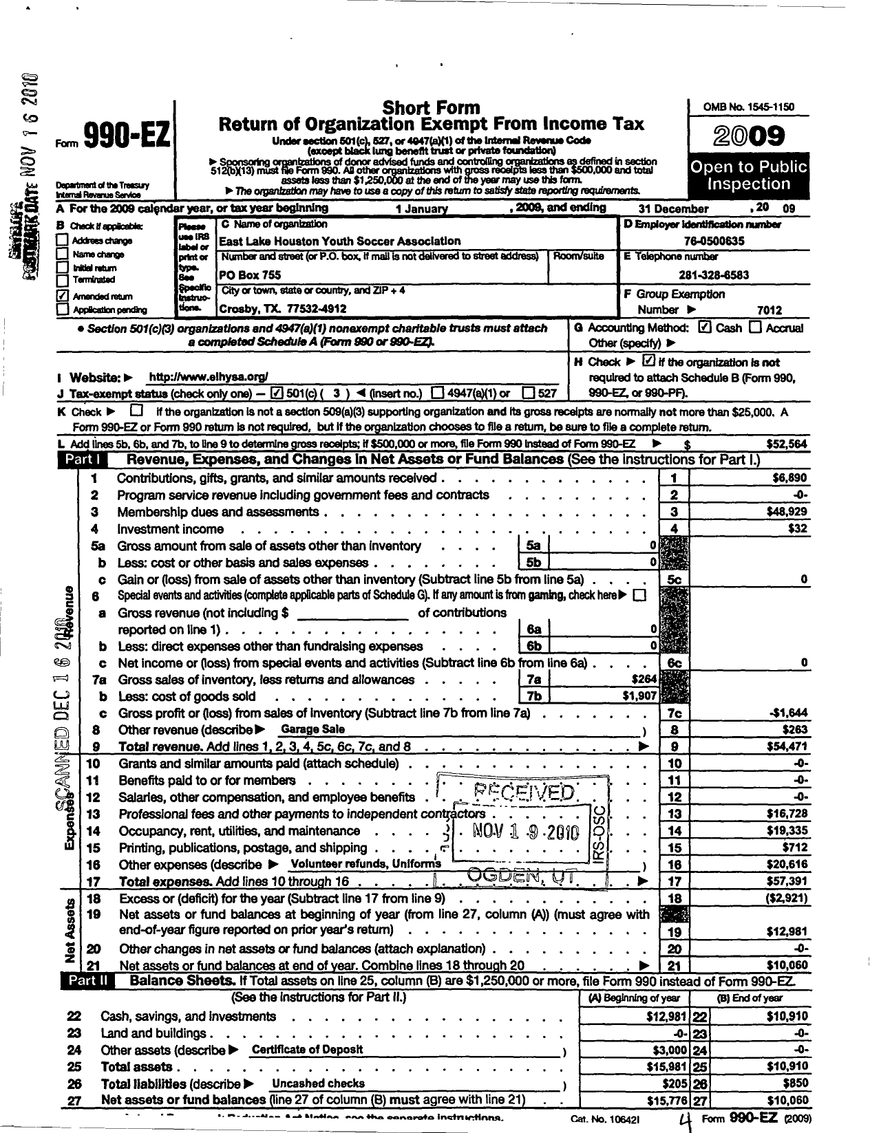 Image of first page of 2009 Form 990EZ for South Texas Youth Soccer Association / E Lake Houston Youth Soccer Assoc