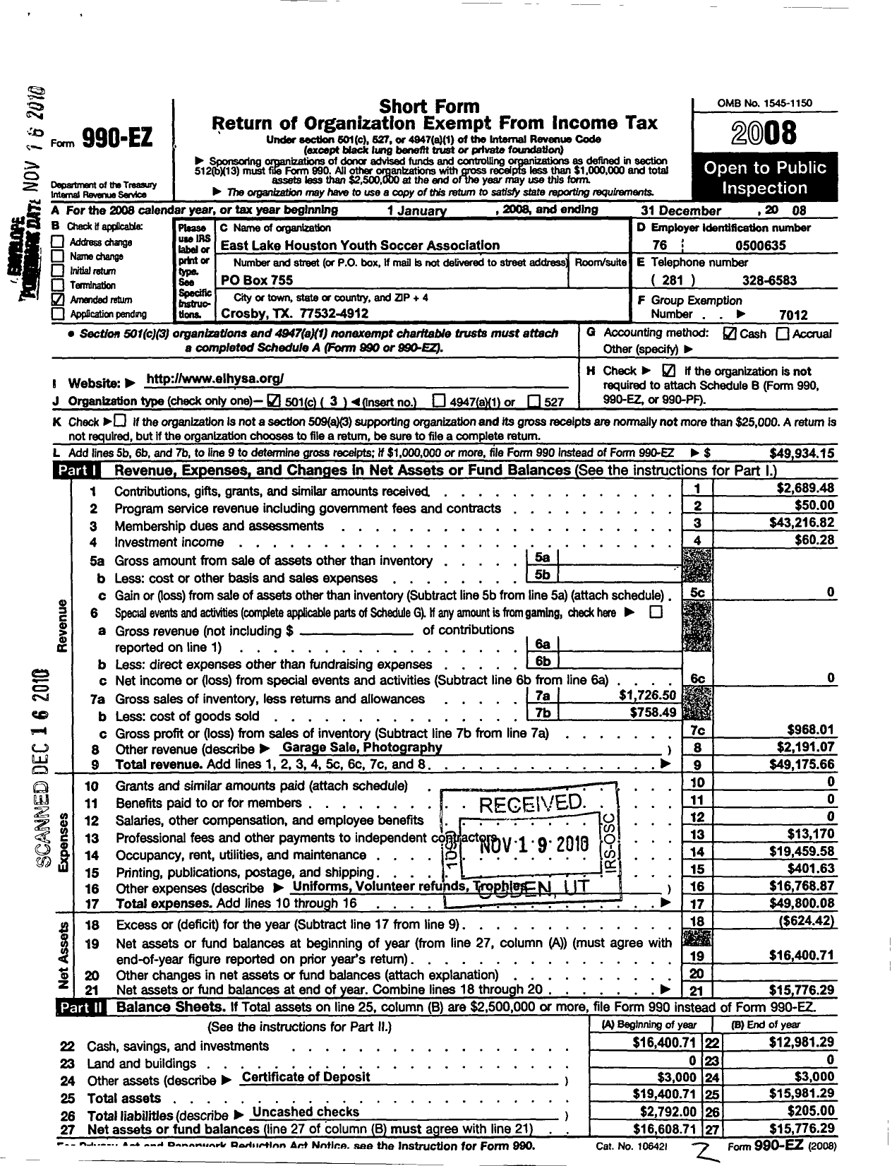 Image of first page of 2008 Form 990EZ for South Texas Youth Soccer Association / E Lake Houston Youth Soccer Assoc