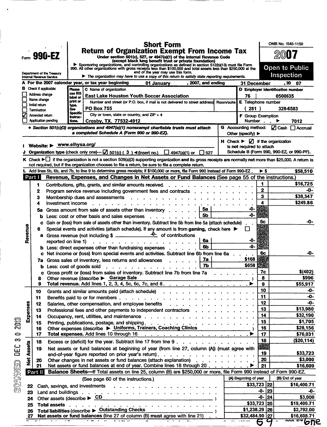 Image of first page of 2007 Form 990EZ for South Texas Youth Soccer Association / E Lake Houston Youth Soccer Assoc