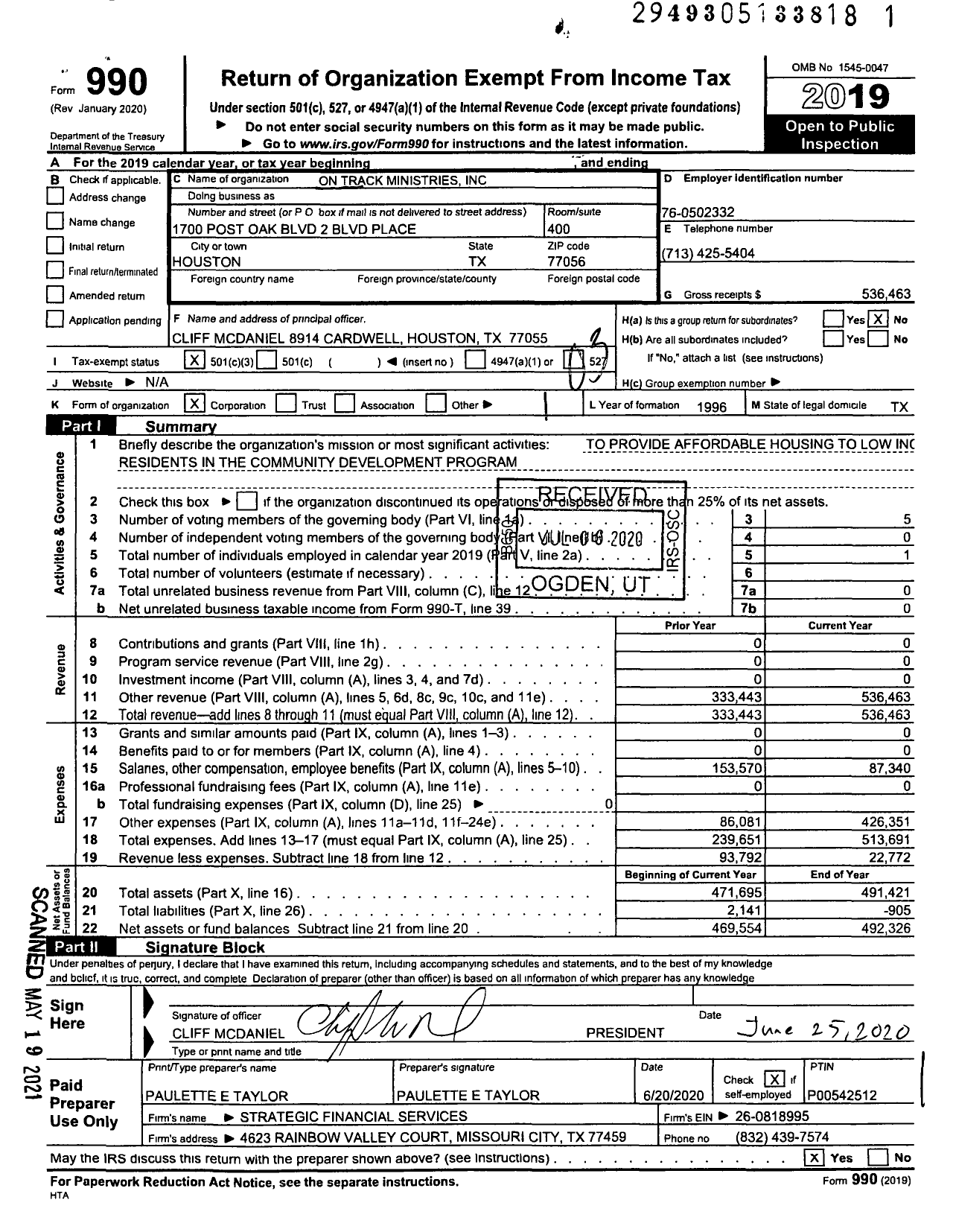 Image of first page of 2019 Form 990 for On Track Ministries