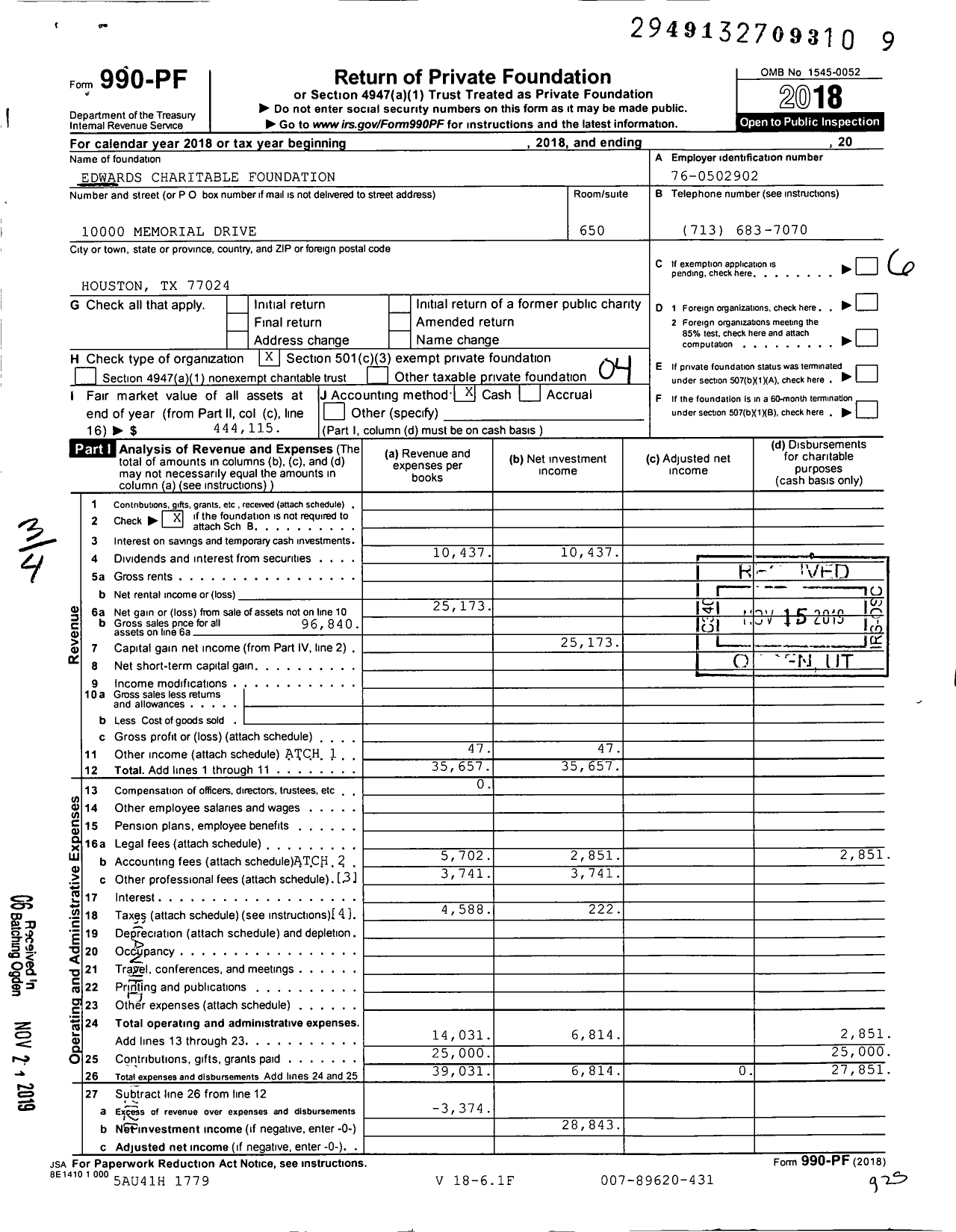 Image of first page of 2018 Form 990PF for Edwards Charitable Foundation